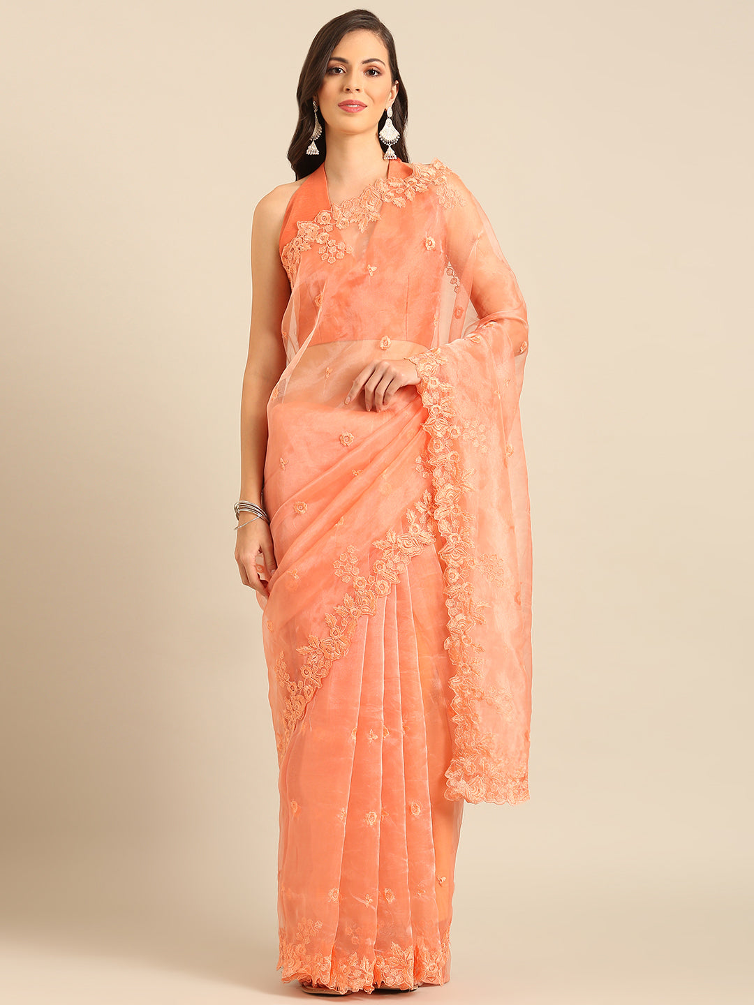 Orange Organza Party Wear Saree With Embroidery Sequins Work
