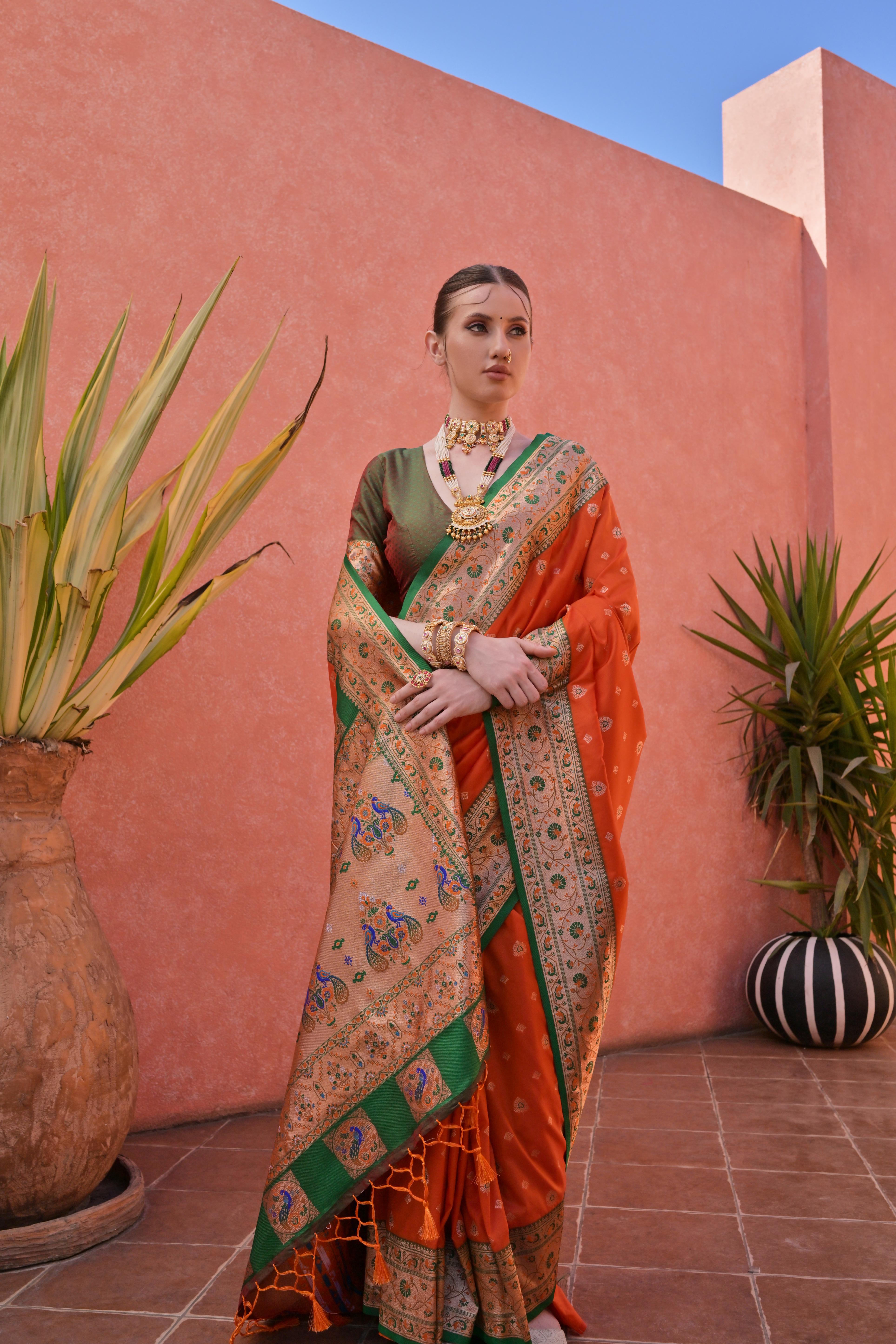Orange Paithani Silk Saree with Paithani Pallu and Zari Butti