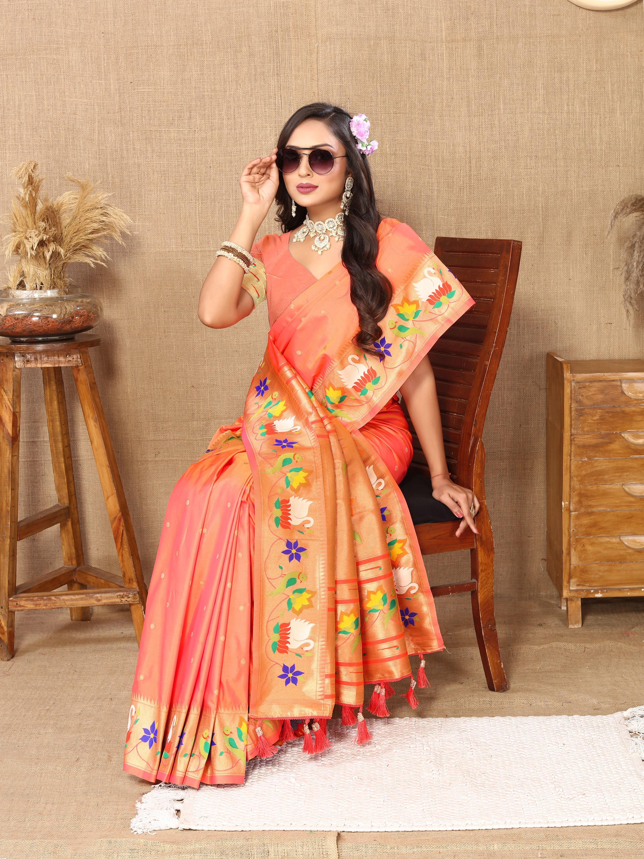 Orange Paithani Silk Woven Meenakari Paithani Designer Saree