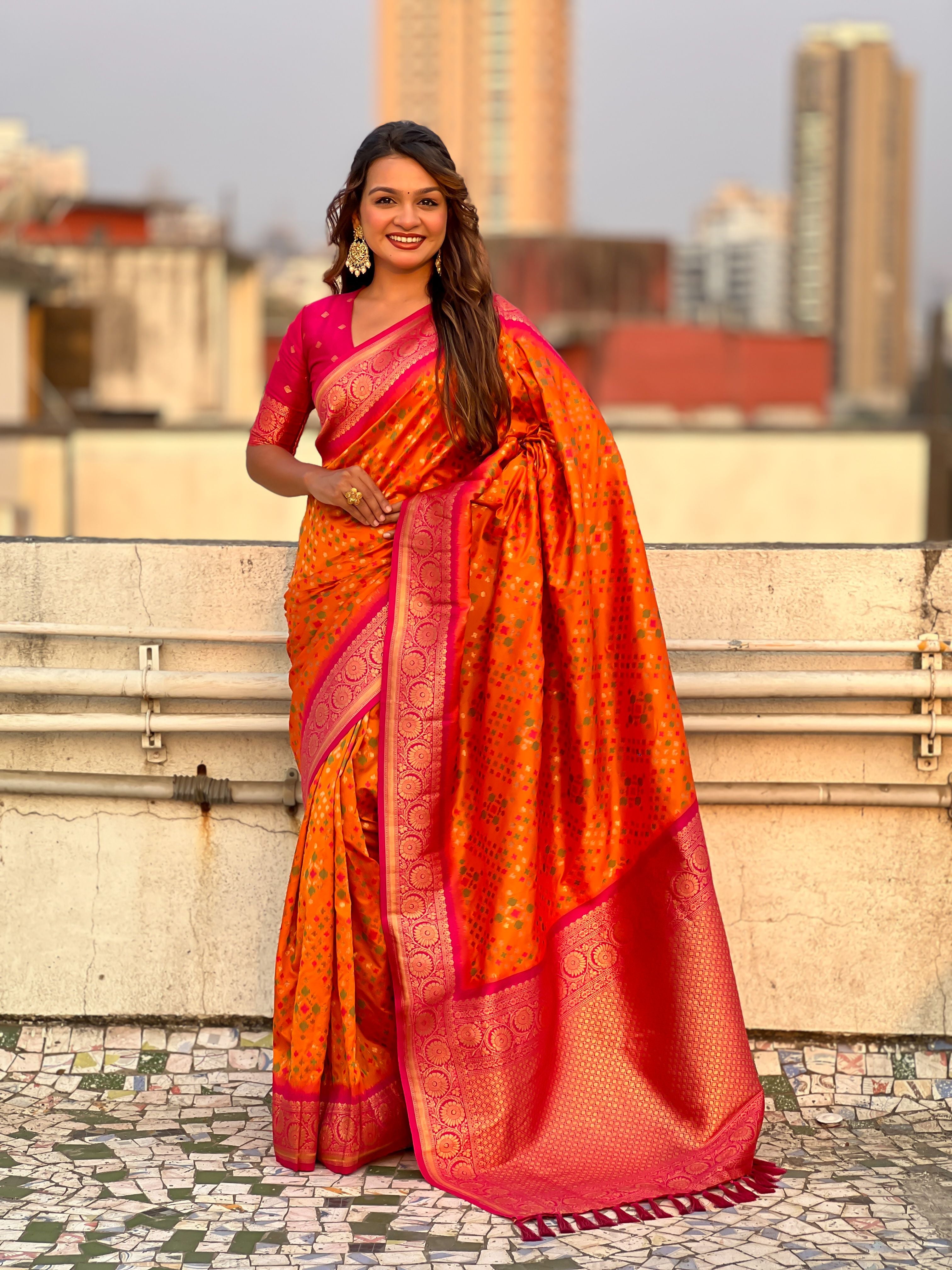 Orange Patola Silk Weaving Ikkat Meenakari Designer Graceful Ceremonial Saree