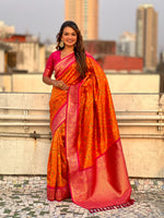 Orange Patola Silk Weaving Ikkat Meenakari Designer Graceful Ceremonial Saree