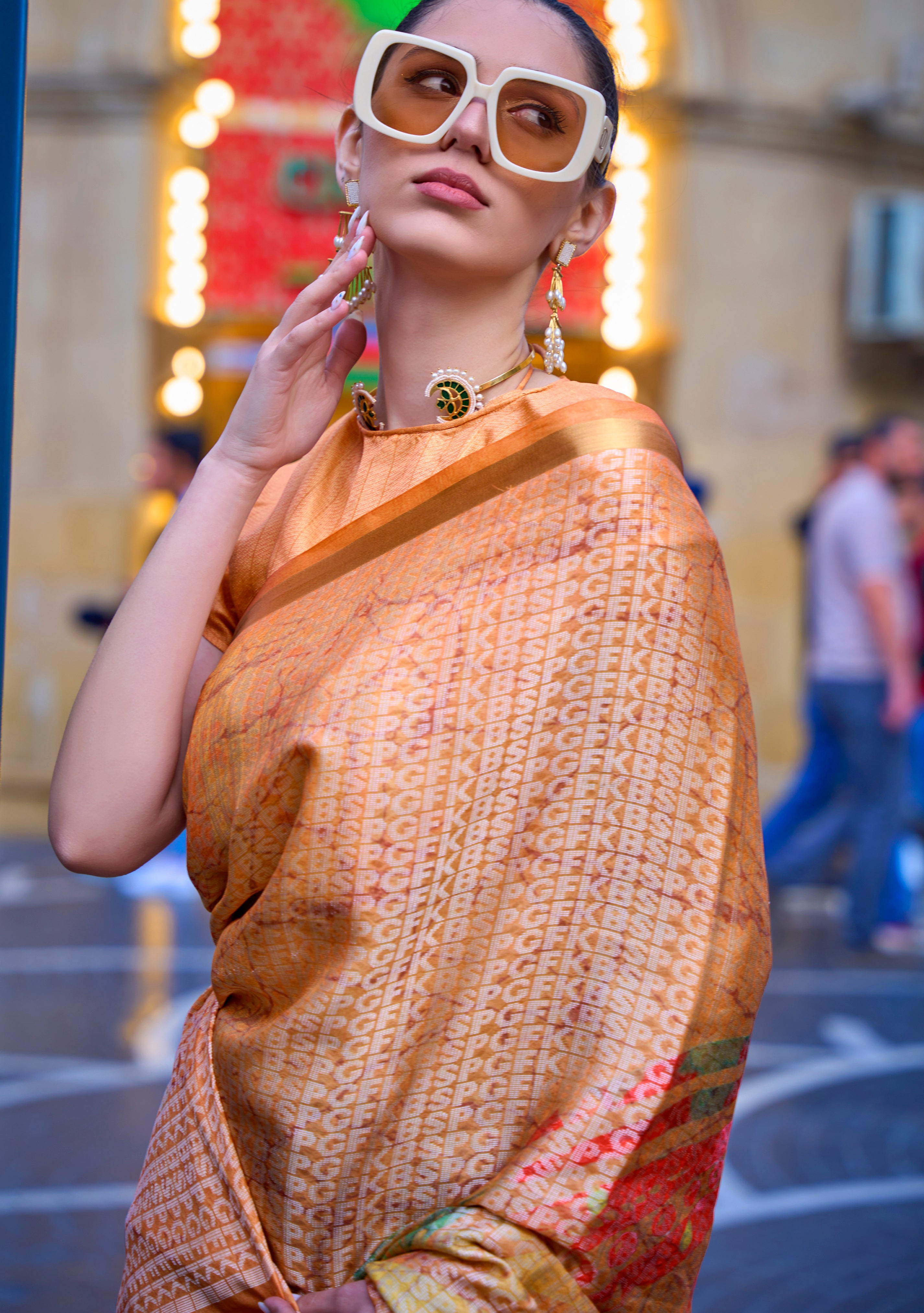 Orange Poly Viscose Saree with Print