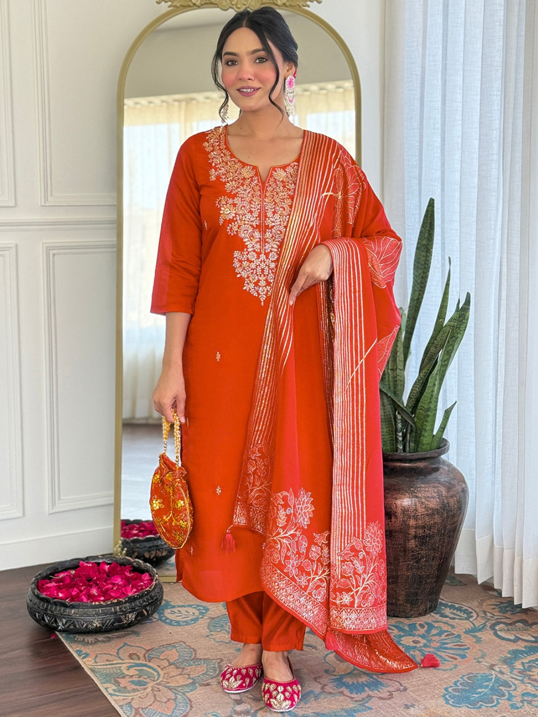 Orange Roman Silk Kurta Pant Set With Thread Embroidered With Sequins Work