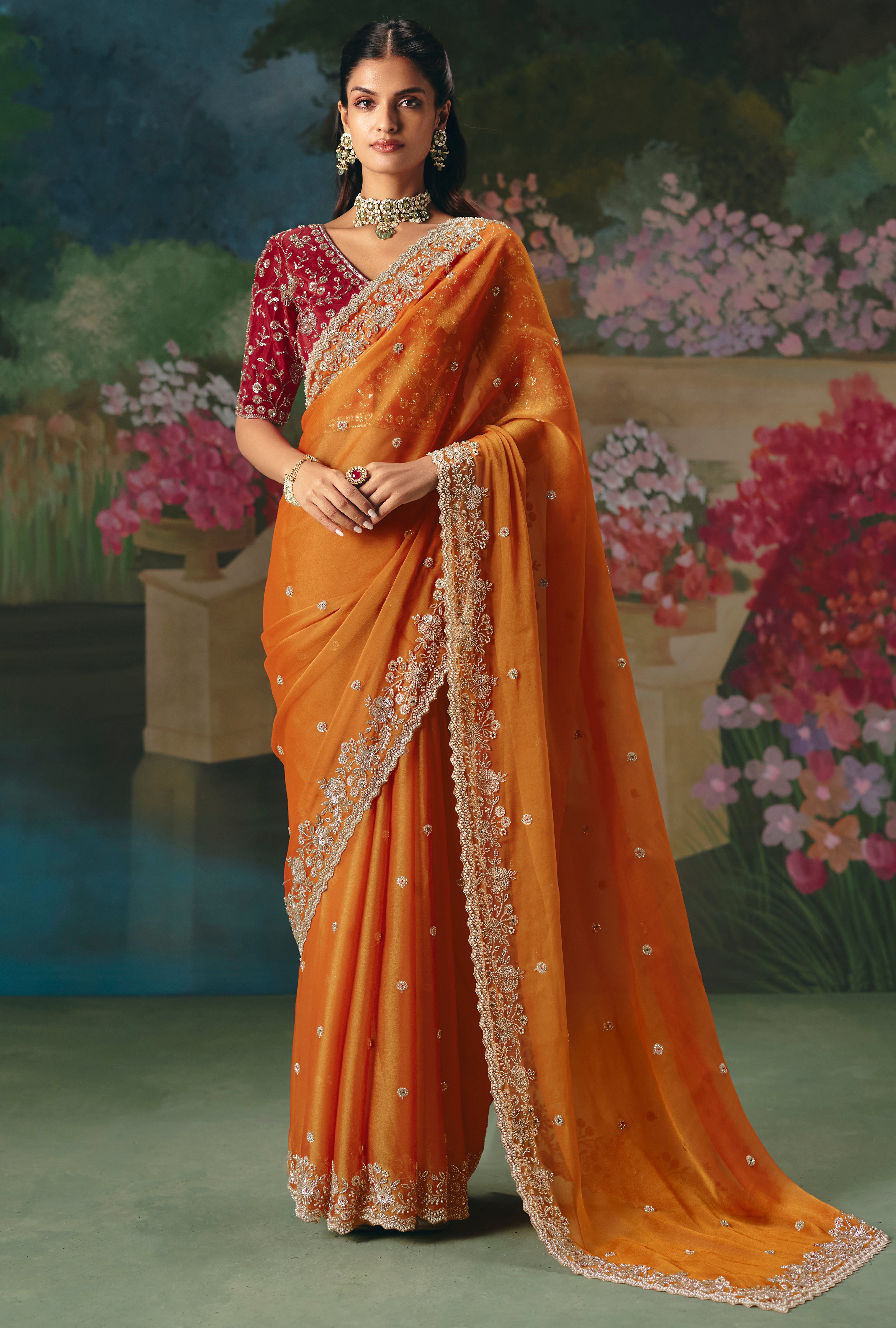 Orange Saree With  Heavy Designer Embroidery, Sequince, Stone, With Beads Work