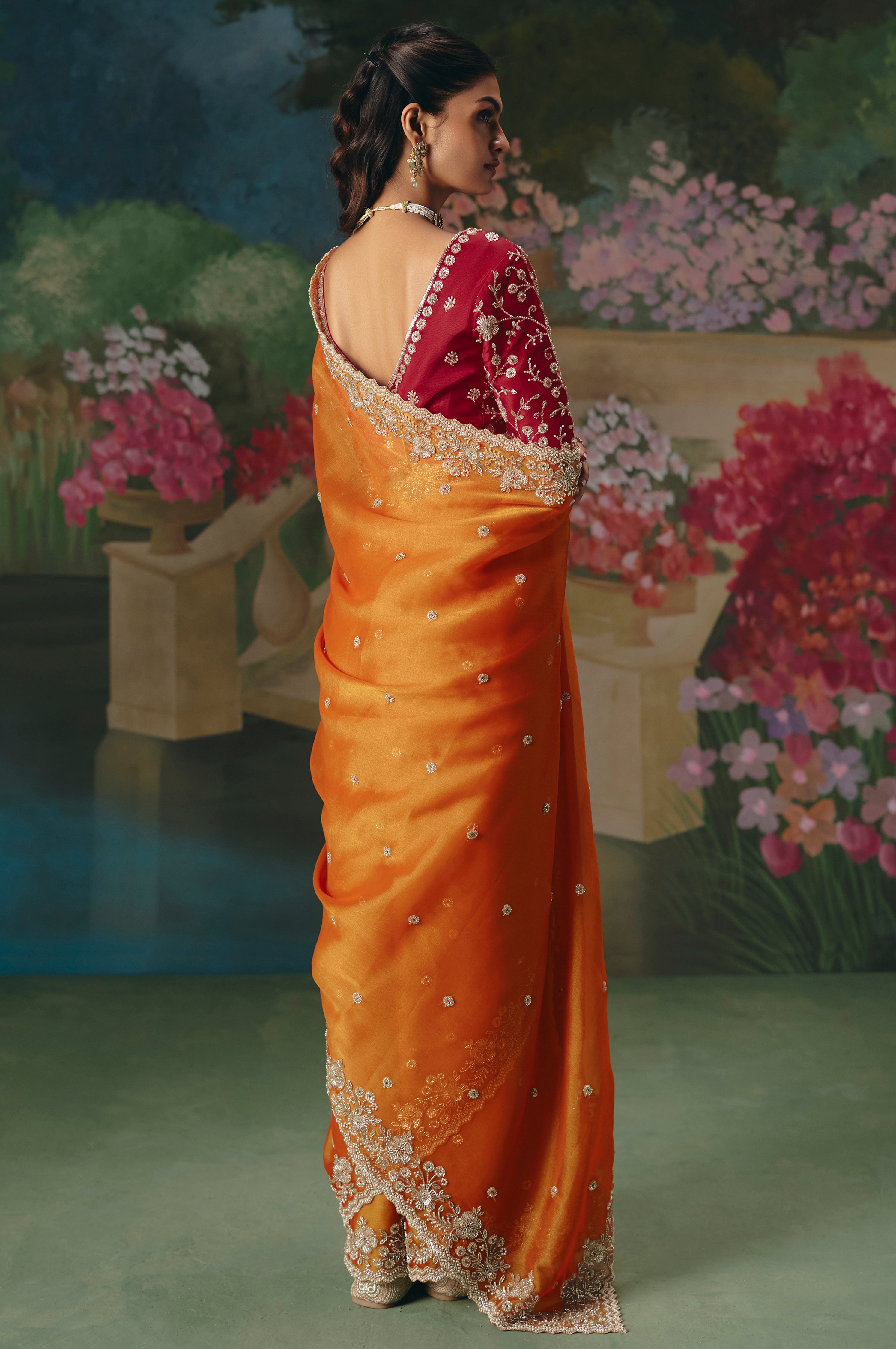 Orange Saree With  Heavy Designer Embroidery, Sequince, Stone, With Beads Work