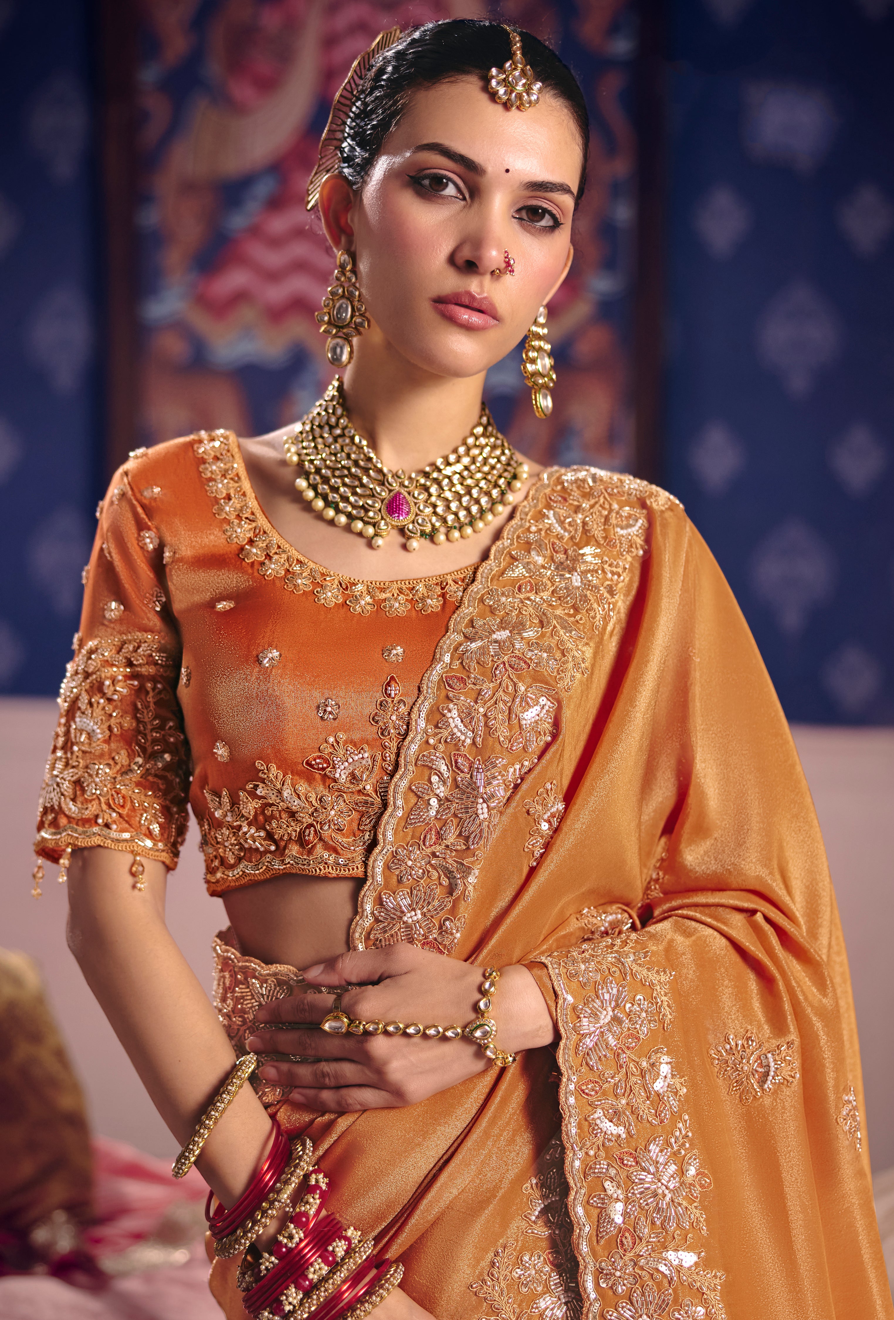 Orange Saree With  Heavy Embroidery, Beads With Sequince Work