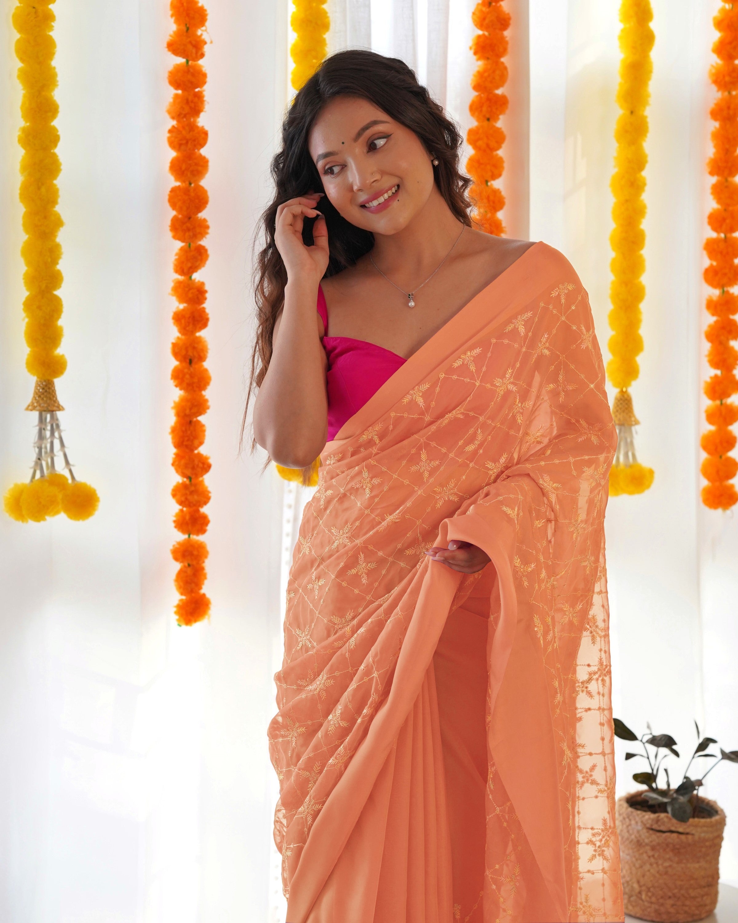 Orange Satin Georgette Fabric Designer Sequins Embroidery Work Ethnic Partywear Saree