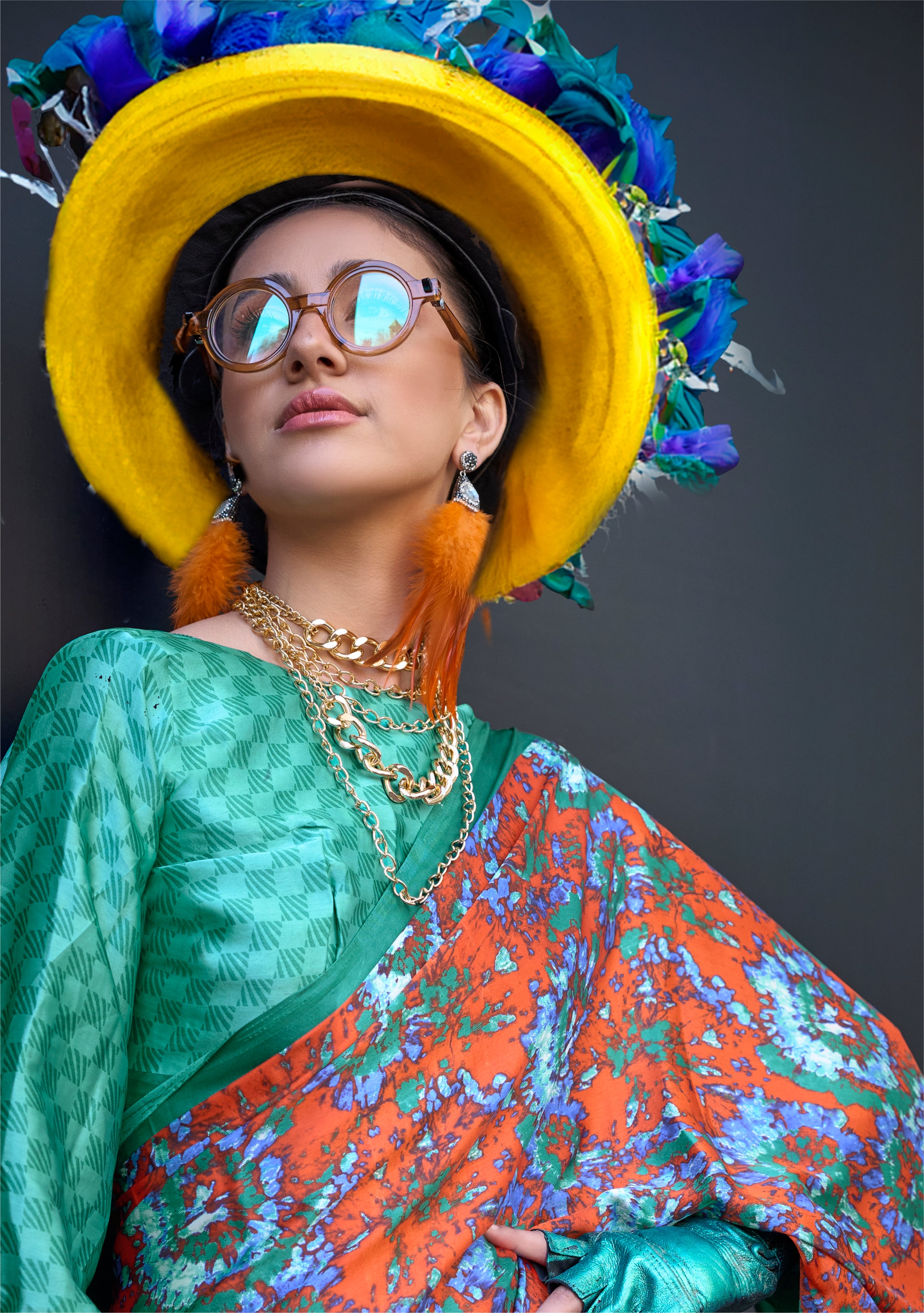 Orange Satin Saree With  Digital Print