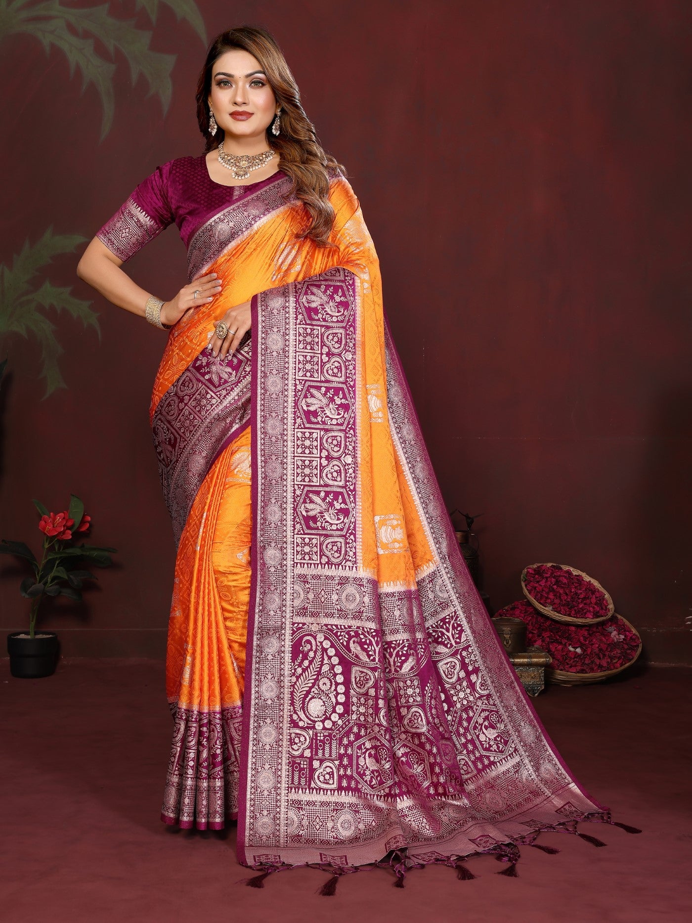 Orange Satin Silk Saree With Traditional Zari Butta Designs