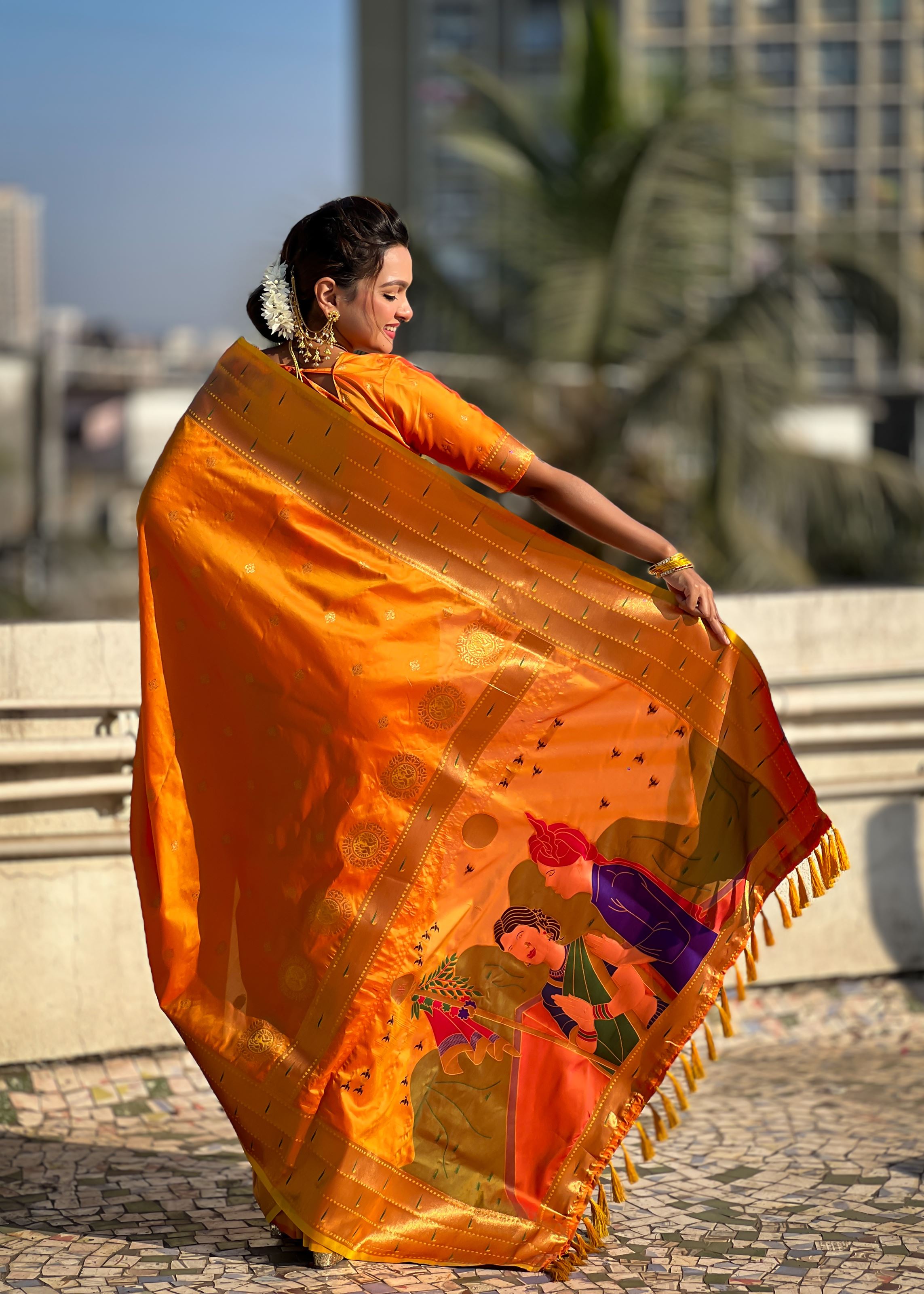Orange Silk Blend Paithani Saree With Gudi Padwa Print