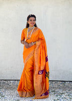 Orange Silk Blend Vitthala God Paithani Silk Saree