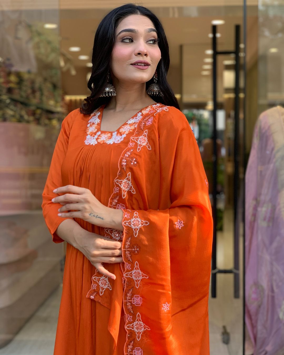 Orange Silk Chiffon Elegant Kurta Pant Set With Embroidery Work