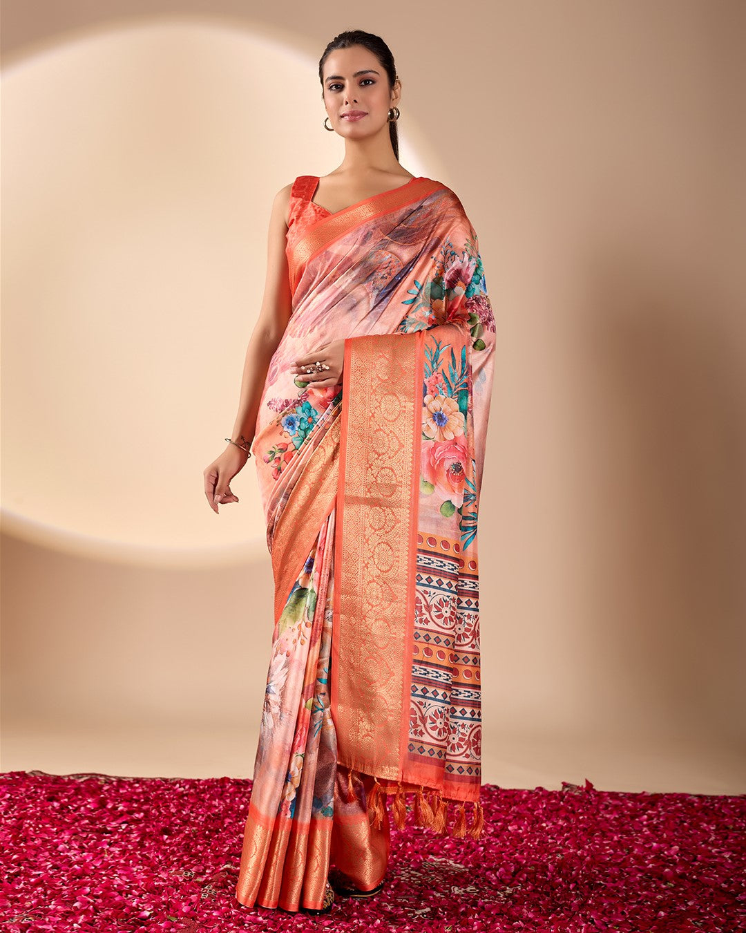 Orange Soft Lichi Silk Saree With Digital Printed Festive Designer Saree