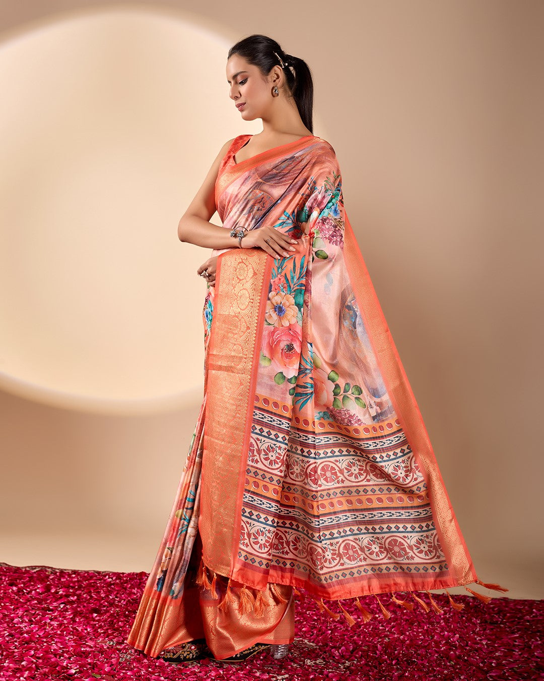Orange Soft Lichi Silk Saree With Digital Printed Festive Designer Saree