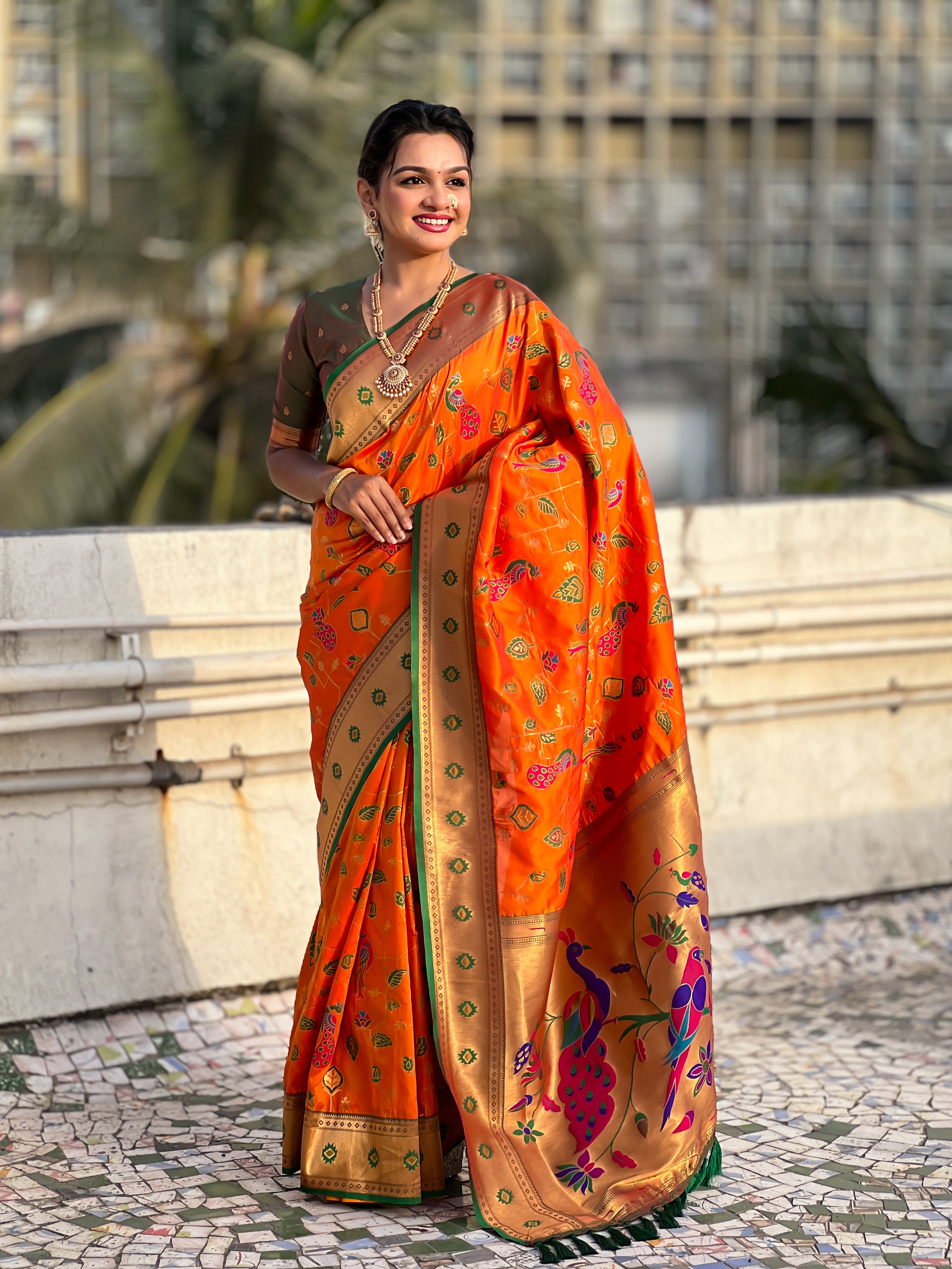 Orange Soft Silk Fabri Woven Paithani Meenakari Designer Ceremonial Saree