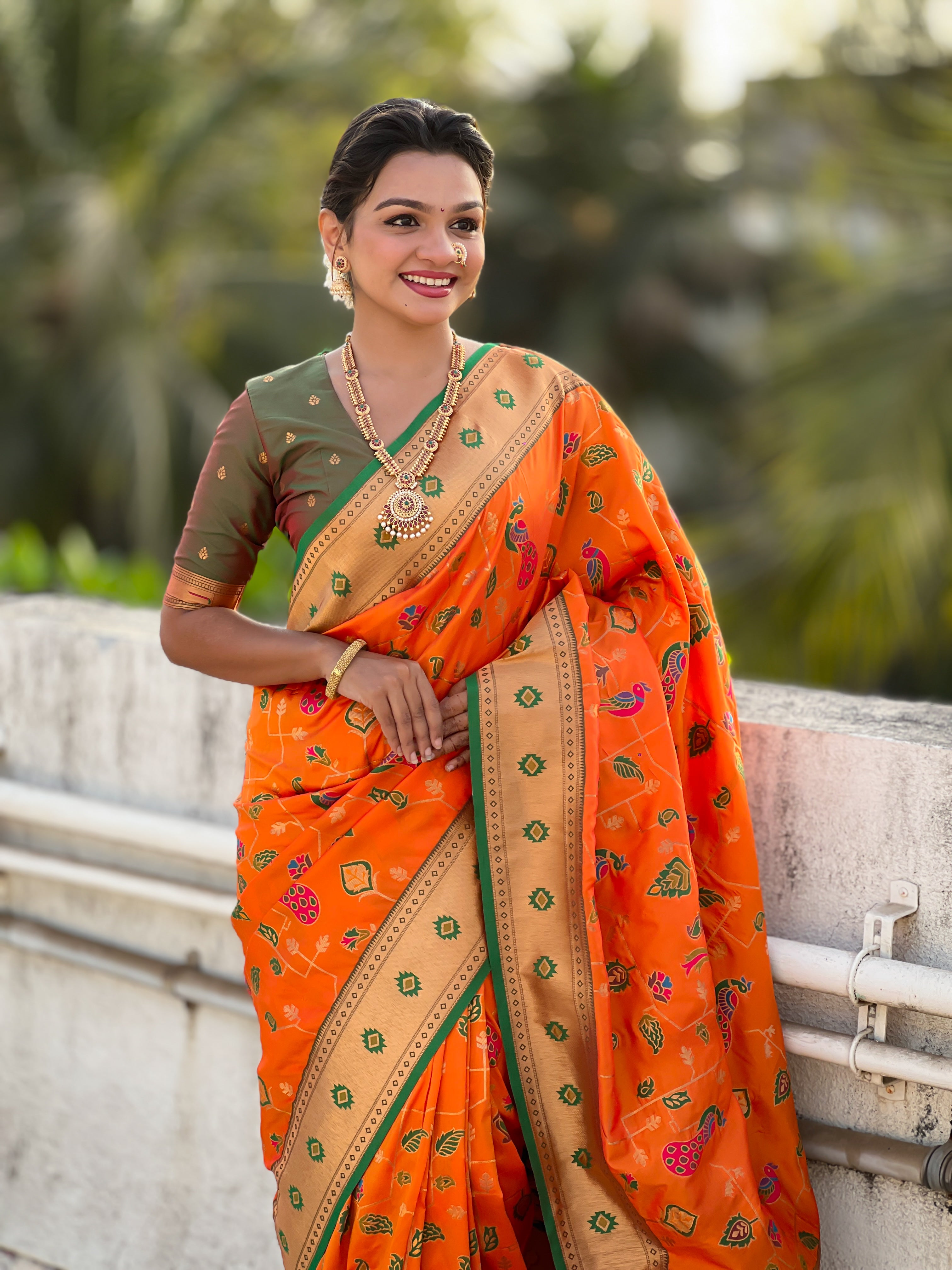 Orange Soft Silk Fabri Woven Paithani Meenakari Designer Ceremonial Saree