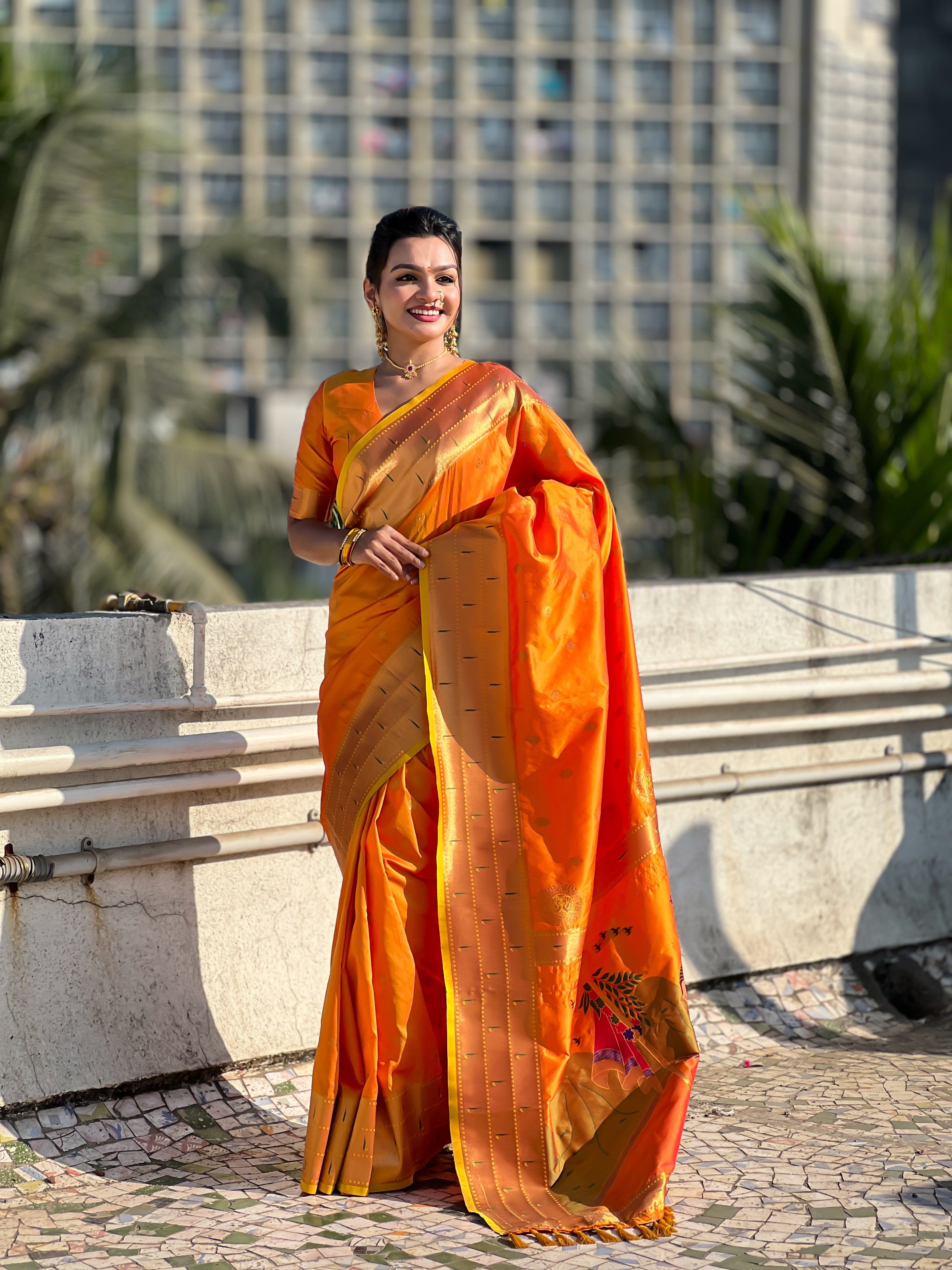 Orange Soft Silk Weaving Figure Pallu Designer Ceremonial Saree