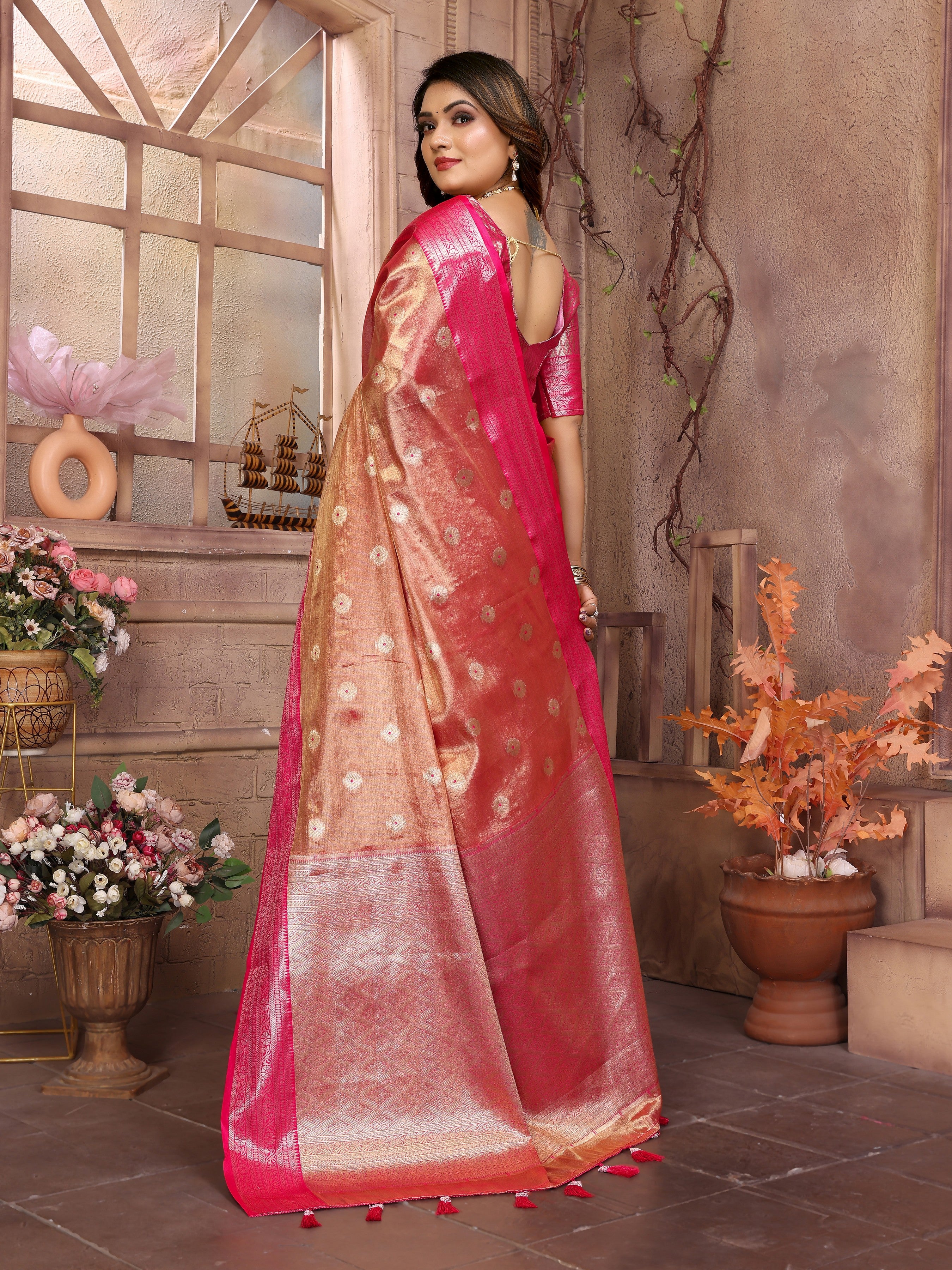 Orange Tissue Silk Ethnic Saree With Woven Handloom Designer
