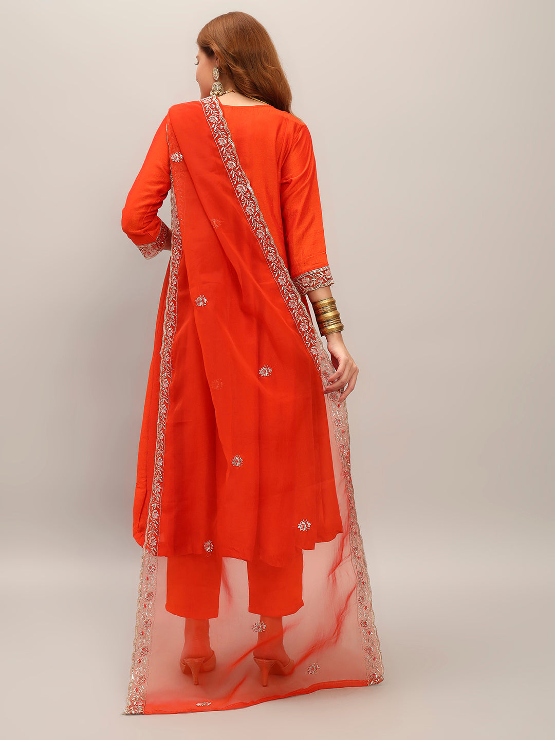 Orange Vichitra Silk Elegant Kurta Pant Set With Embroidery Work