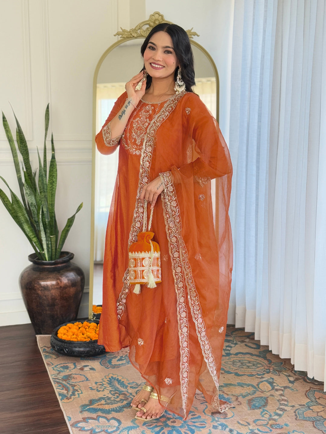 Orange Vichitra Silk Elegant Kurta Pant Set With Embroidery Work