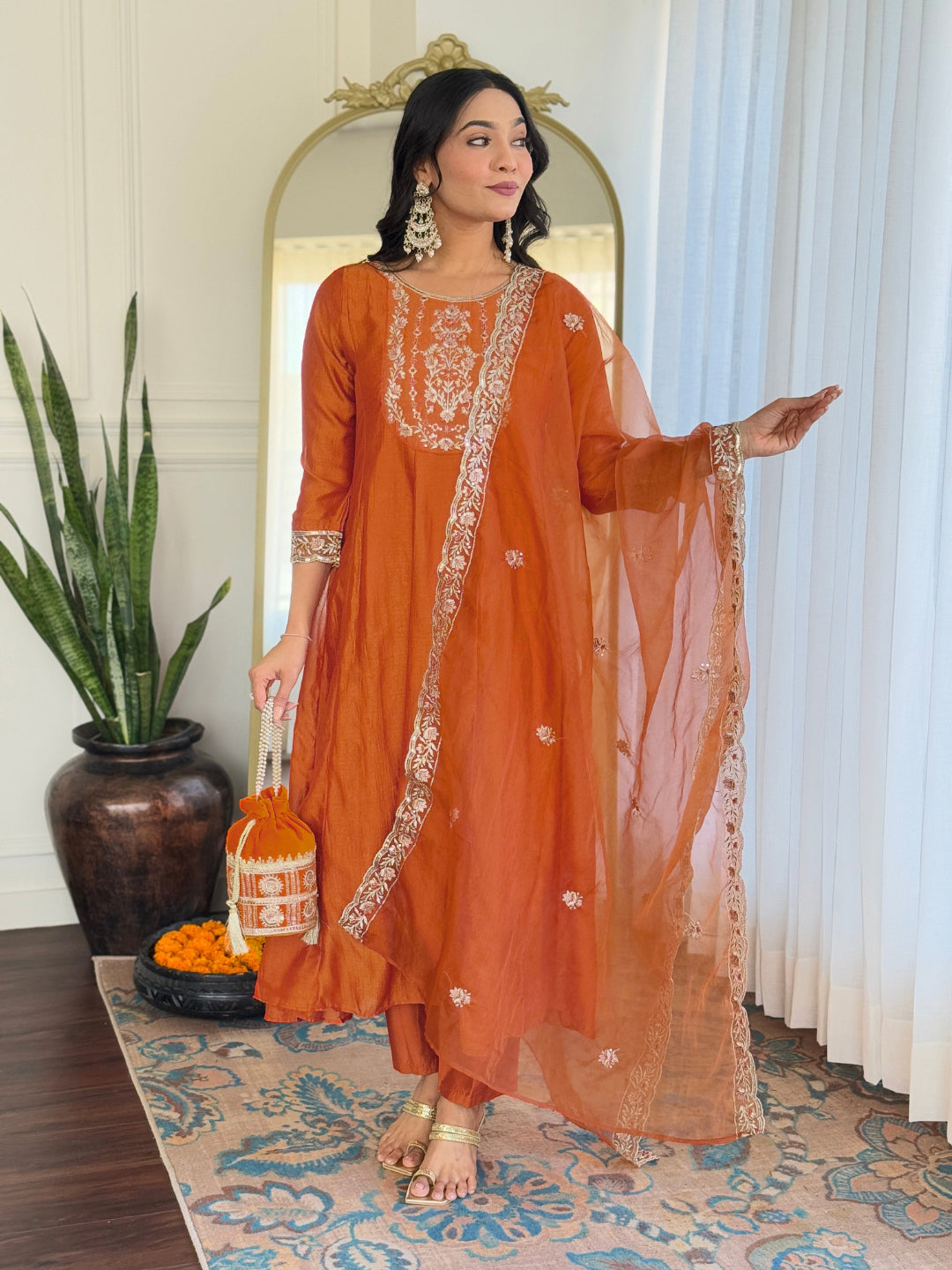 Orange Vichitra Silk Elegant Kurta Pant Set With Embroidery Work