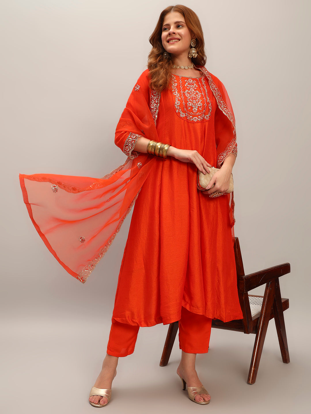 Orange Vichitra Silk Elegant Kurta Pant Set With Embroidery Work