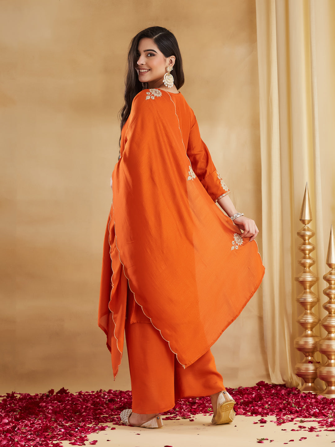Orange Vichitra Silk Kurta Pant Set With Heavy Thread Embroidery Sequins Work