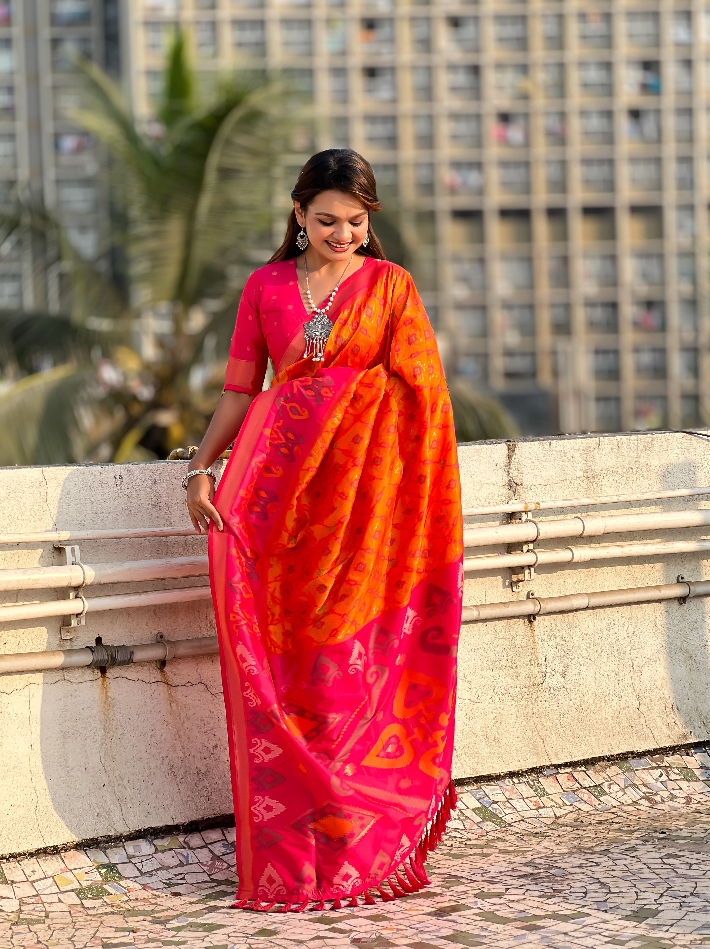 Orange Woven Meenakari Ikkat Designer Patola Silk Ceremonial Saree