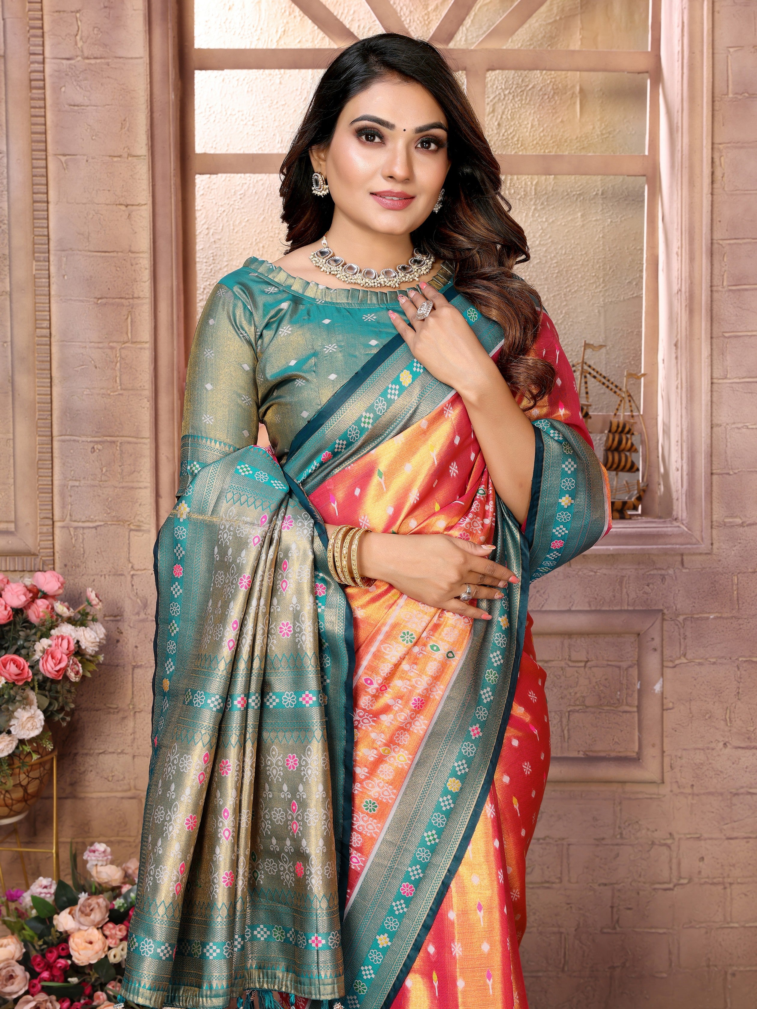 Orange Woven Patola Designer Banarasi Tissue Silk Saree