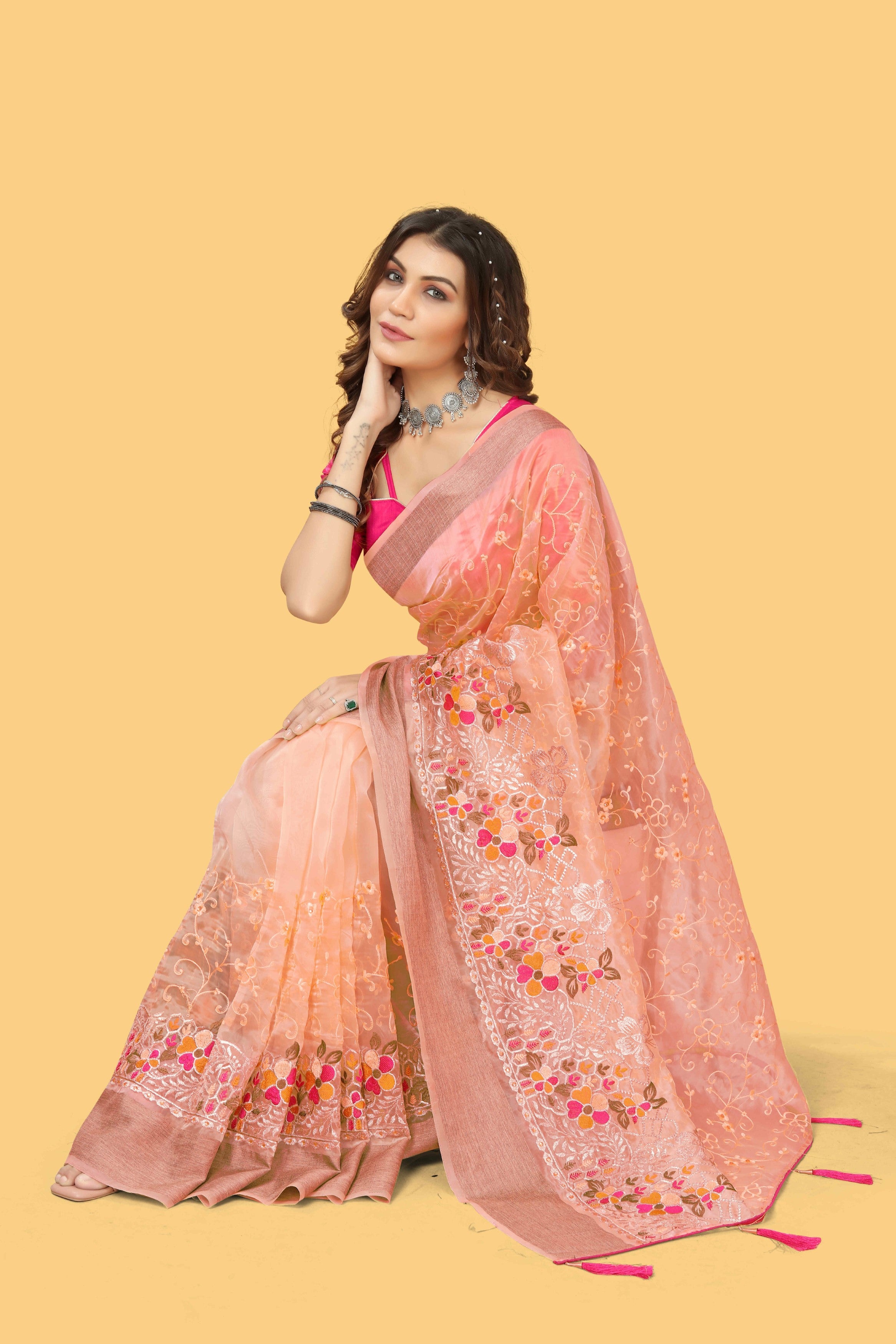 Orange Woven Patta Organza Silk Saree With Embroidery And Stone Work