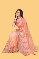 Orange Woven Patta Organza Silk Saree With Embroidery And Stone Work
