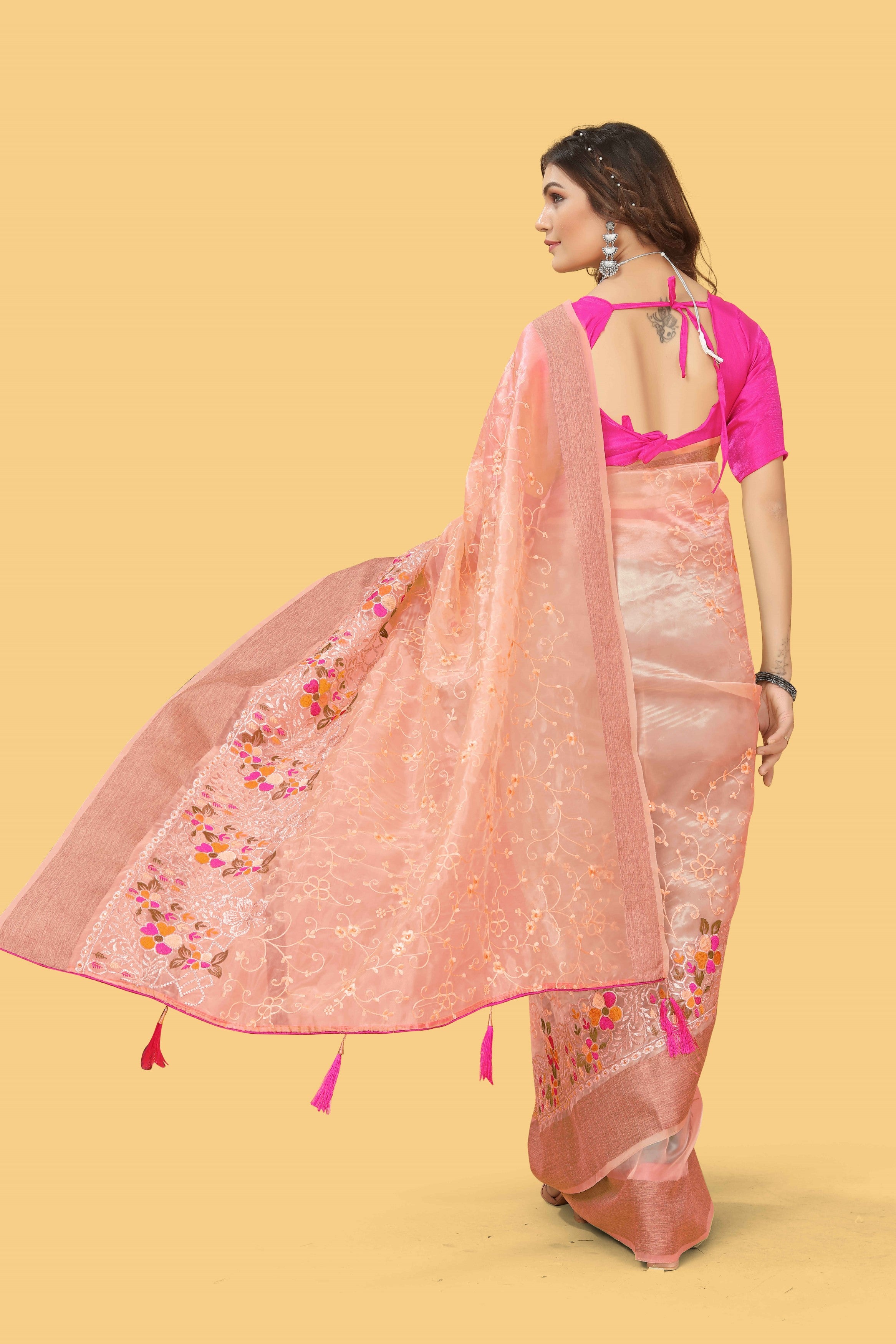 Orange Woven Patta Organza Silk Saree With Embroidery And Stone Work