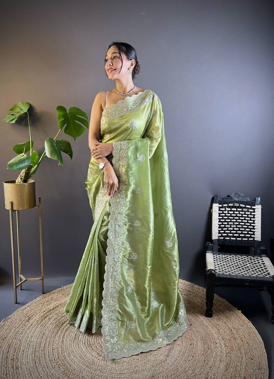 Parrot Colour Gold Crush Embroidery Work Saree