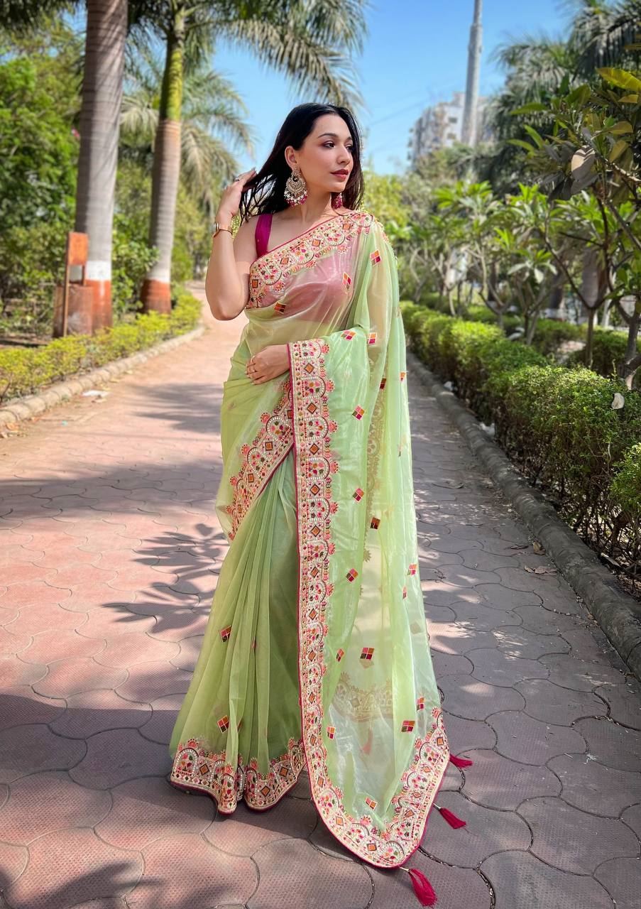 Parrot  Colour Twill Net Designer Embroidery Work Saree