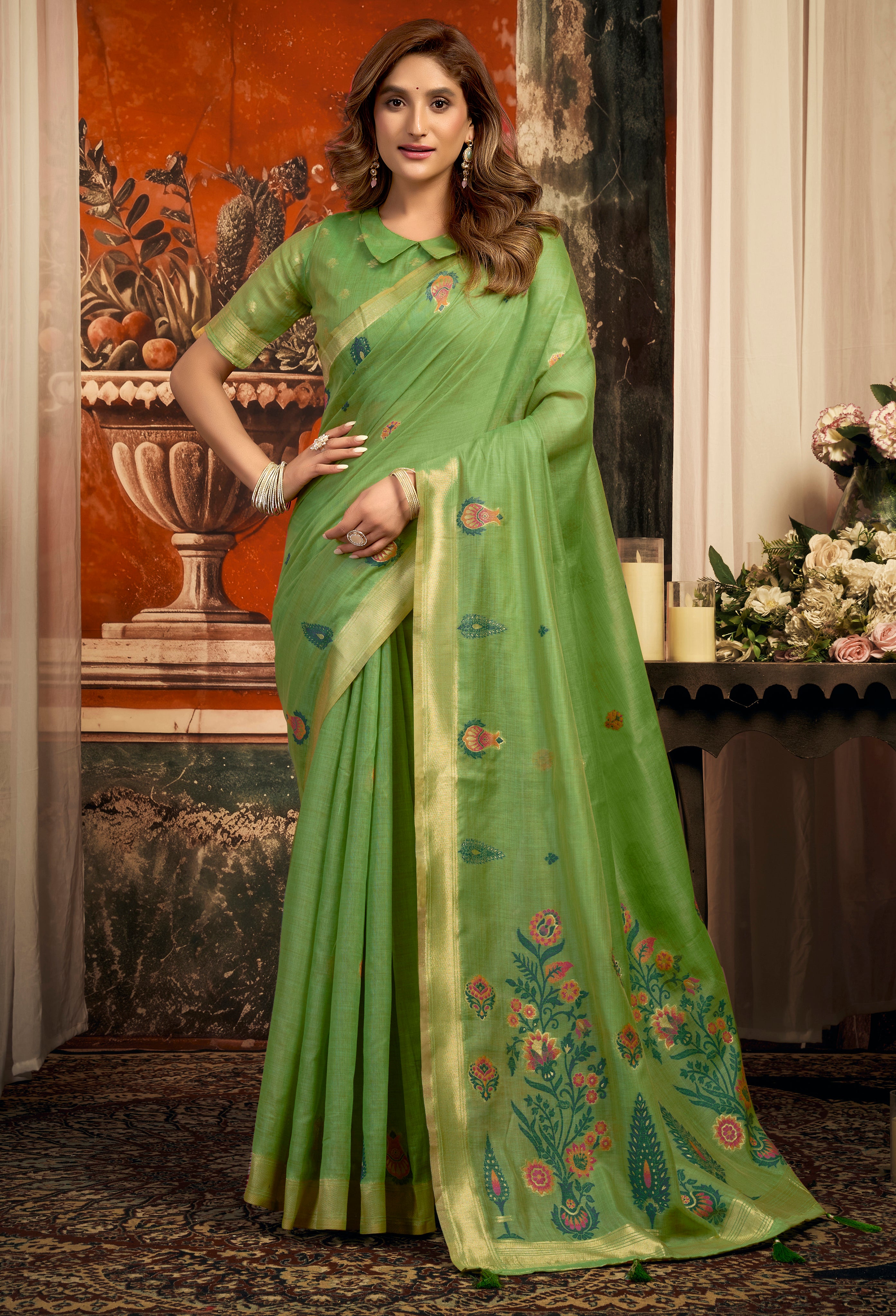 Parrot Green Cotton Saree with Elegant Zari Border & Tassels