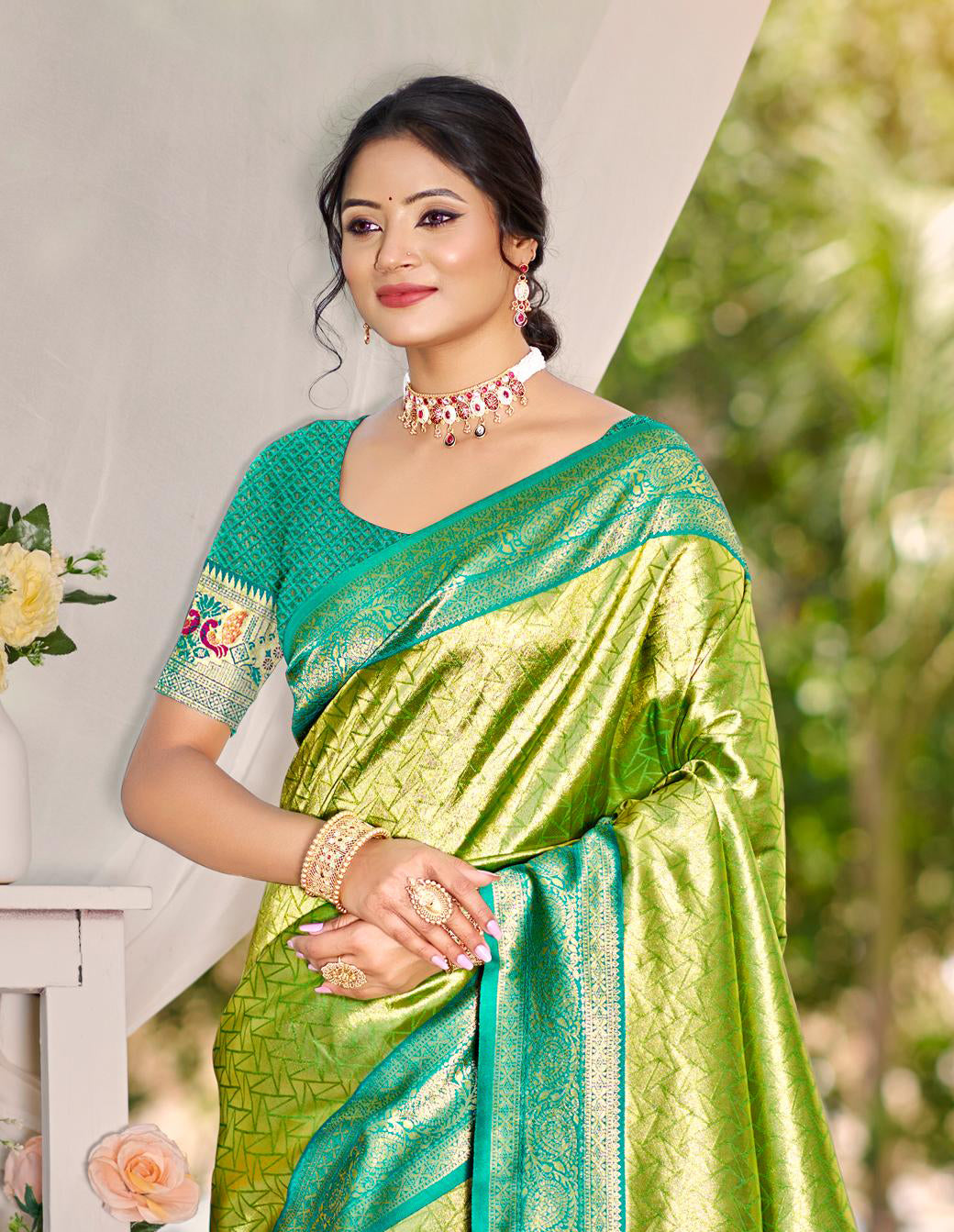 Parrot Green Kanjivaram Silk Saree With Classic Drape and Refined Beauty