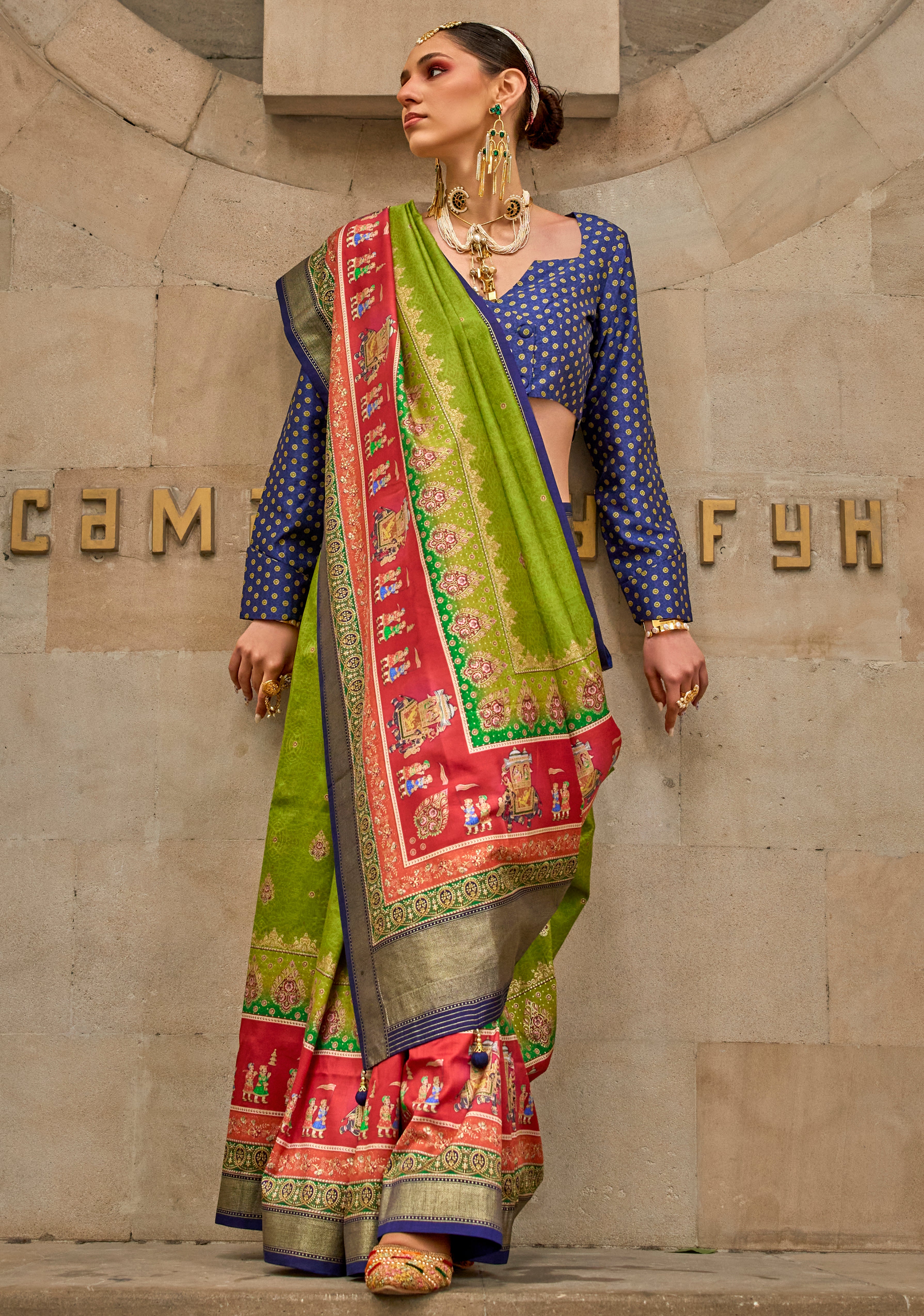 Parrot Green Silk Saree With  Foil Print
