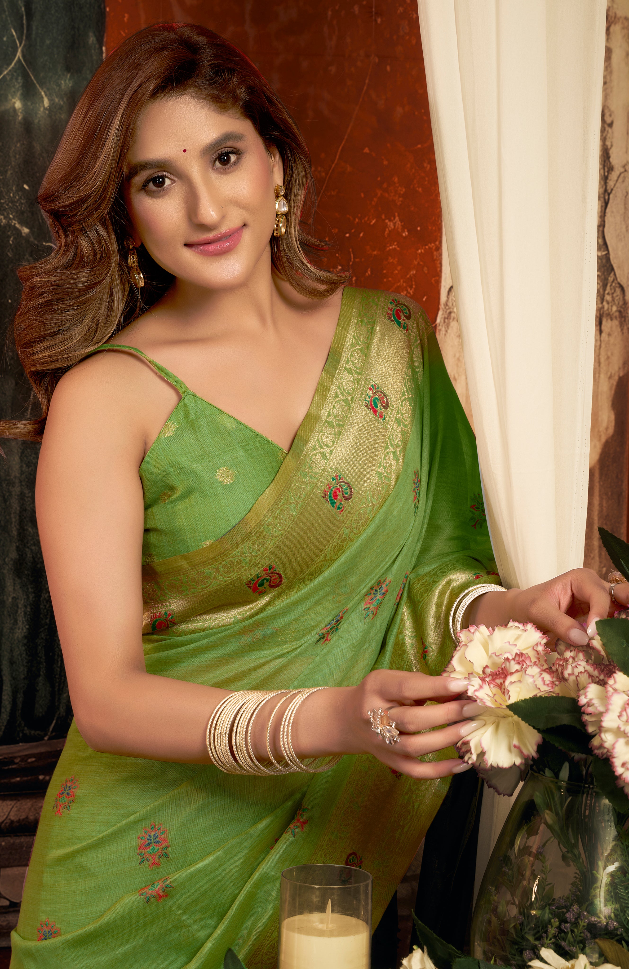 Parrot Green Super Kota Saree with Premium Paithani Work