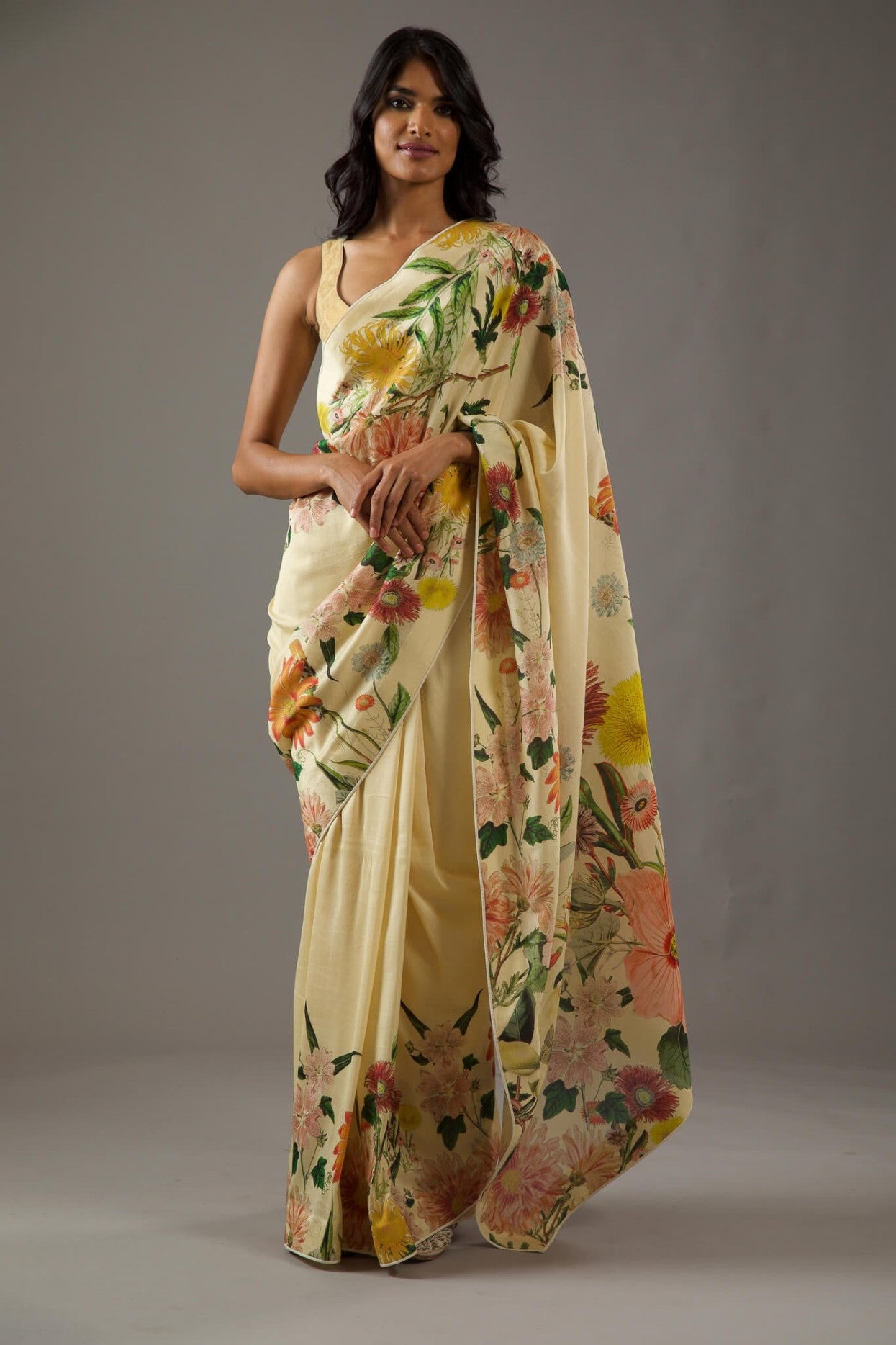 Pastel Bright Moss Saree With Printed