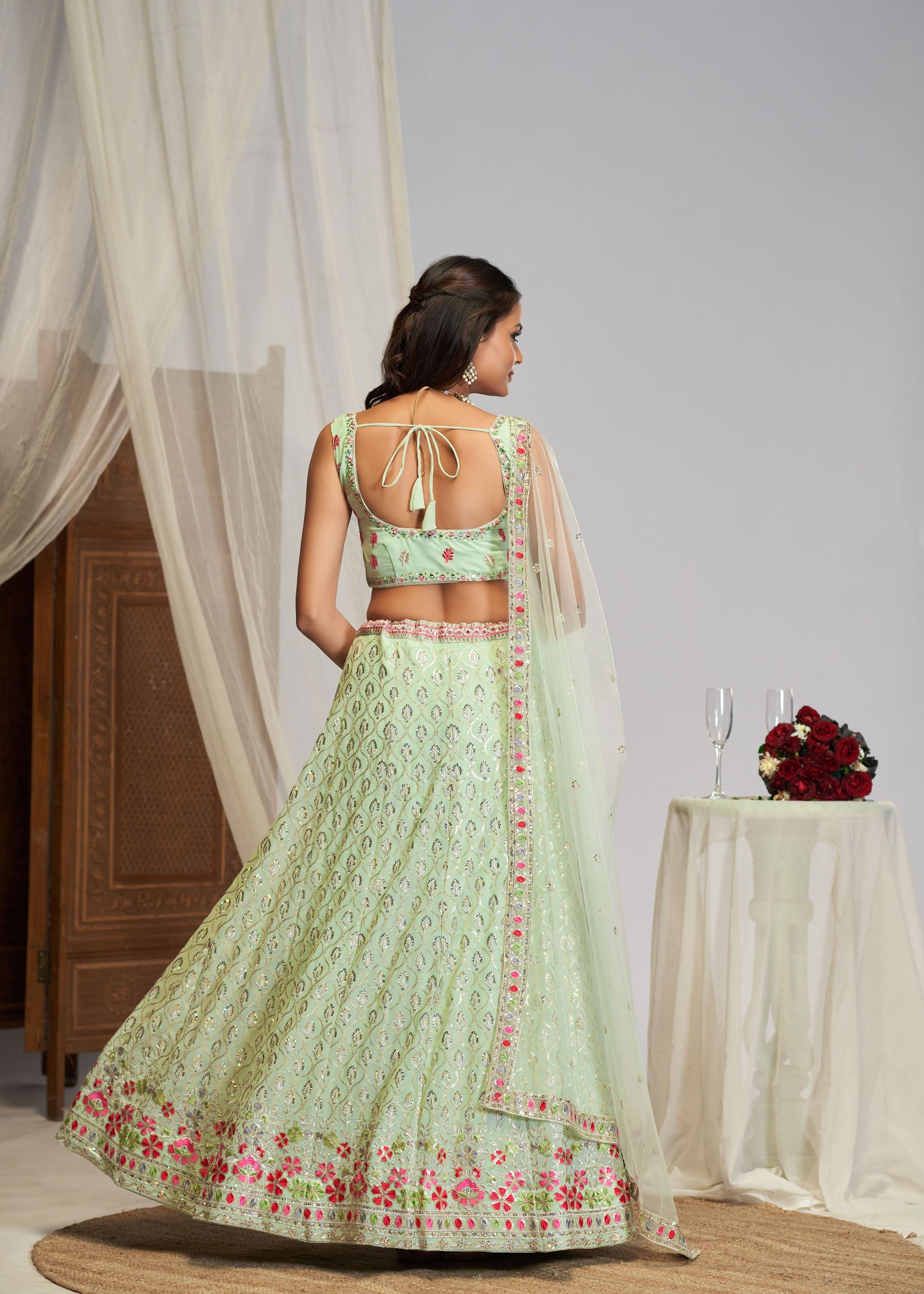 Pastel Green Thread Embroidery Work Lehenga