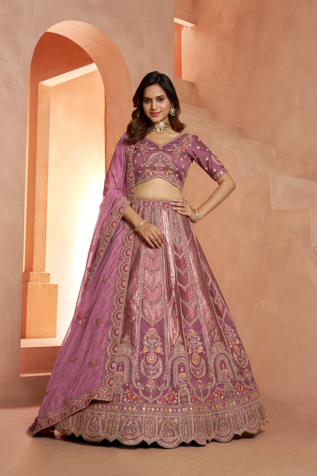 Pastel Mauve Banarasi Silk Designer Wedding Lehenga Choli
