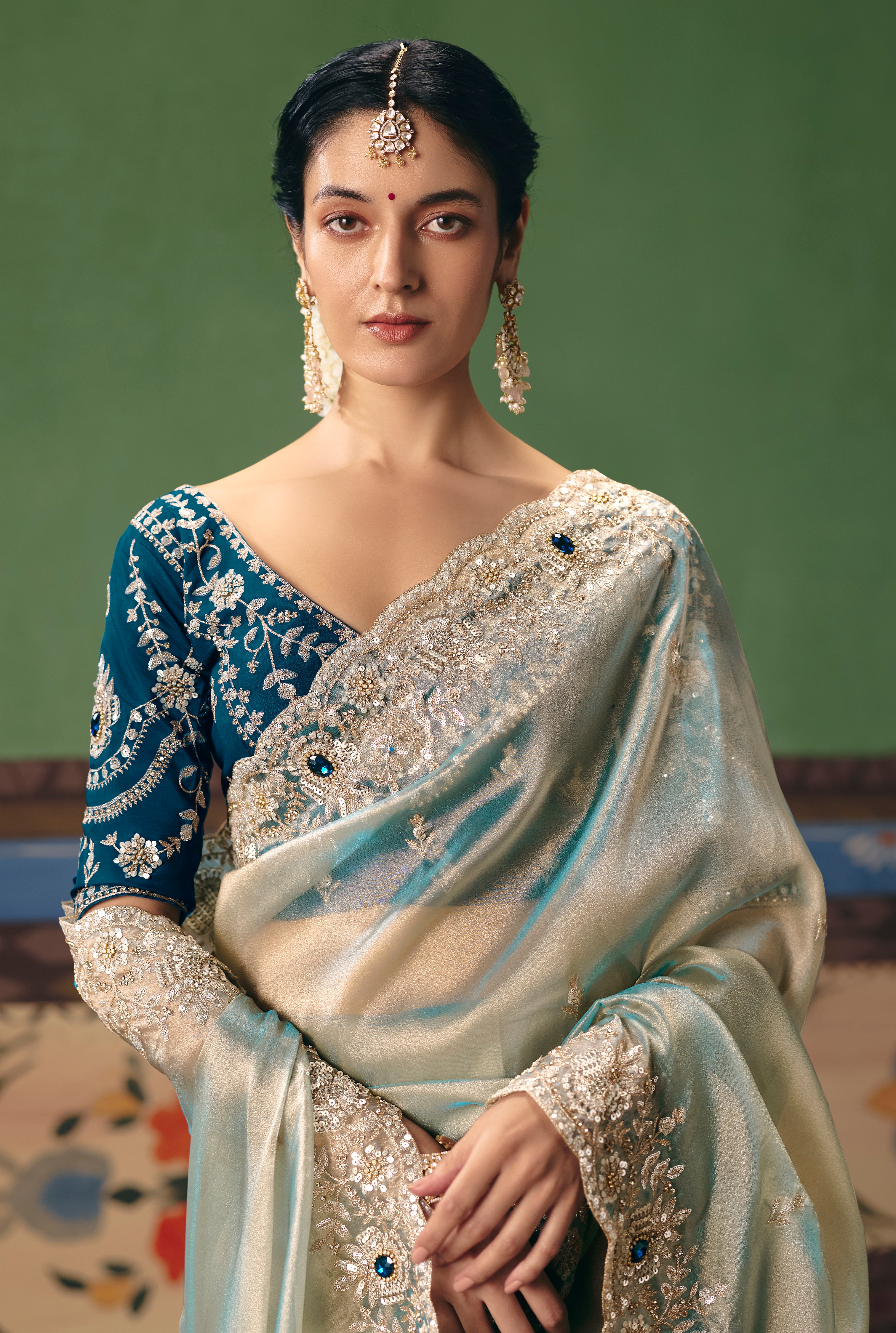 Pastel Mint Saree With  Heavy Designer Embroidery, Sequince, Stone, Pearl With Beads Work