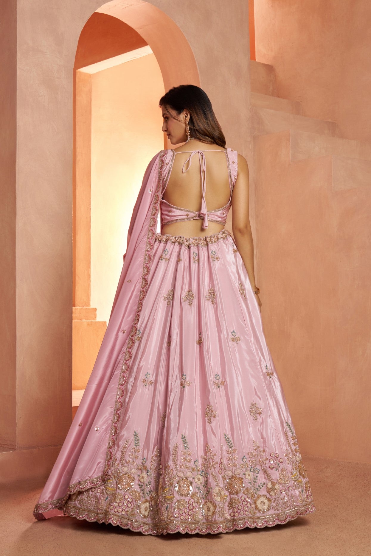 Pastel Pink HO Silk Floral Embroidered Designer Lehenga Set