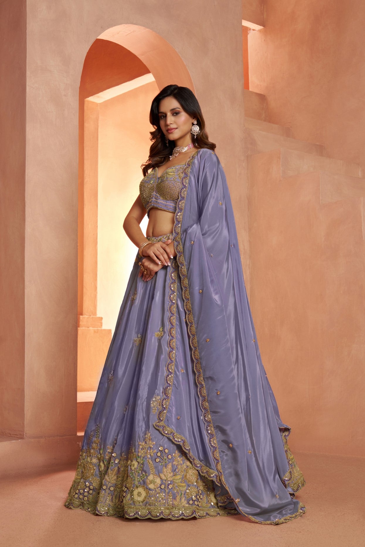 Pastel Purple HO Silk Floral Embroidered Designer Lehenga Set