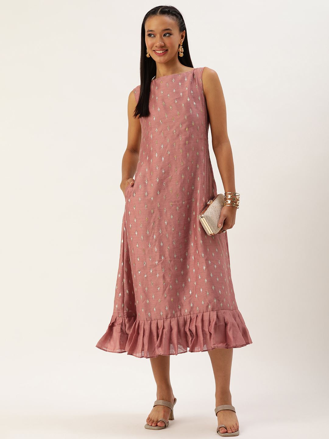 Peach Art Silk Dress & Gown With Foil Print