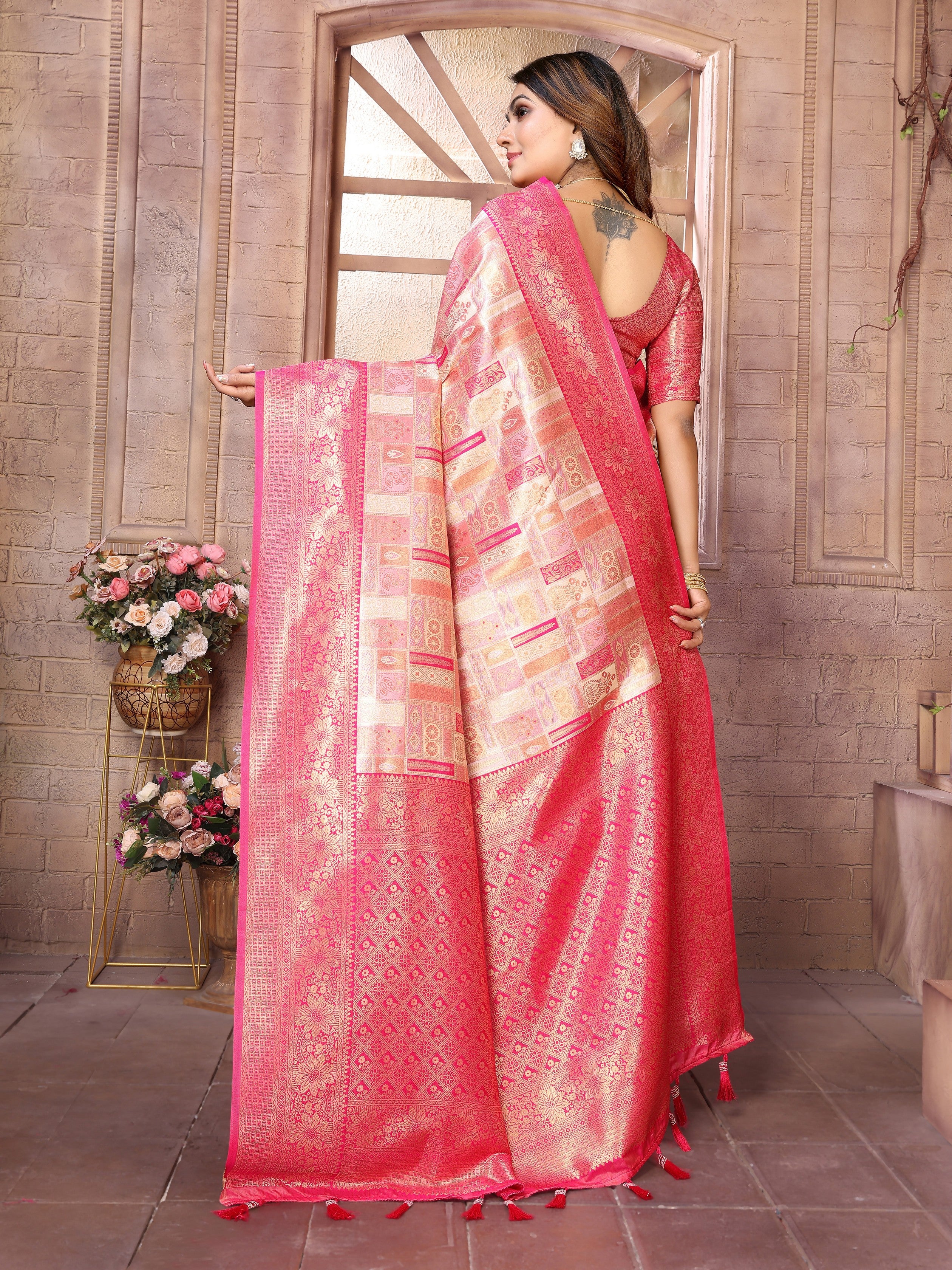 Peach Banarasi Chaturi Silk Ethnic Saree With Chaturi Woven Designer Work