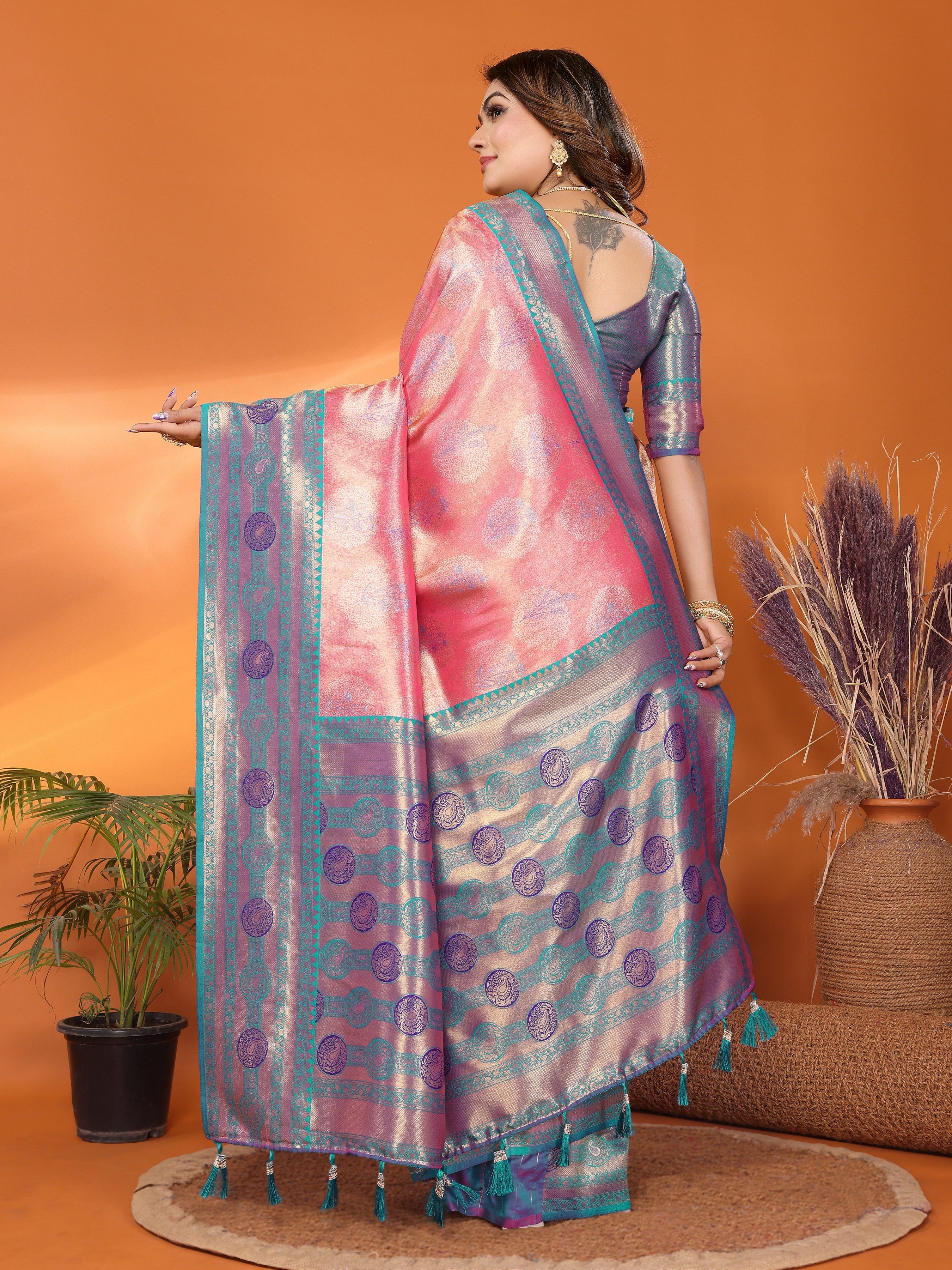 Peach Banarasi Tissue Silk Saree With Woven Paithani Designer