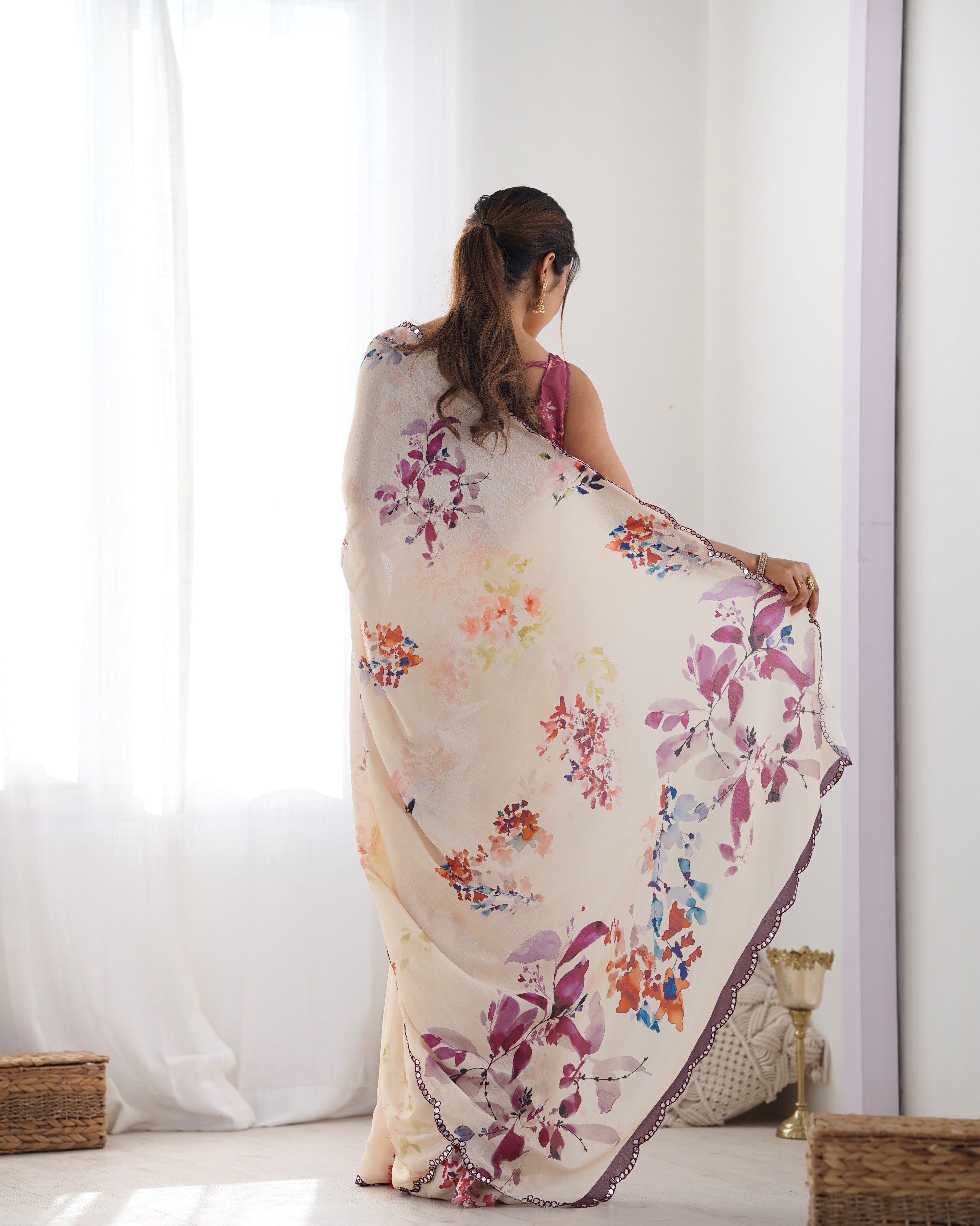 Peach Beautiful Chinon Fabric Digital Printed Saree With Mirror Cut Work