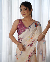Peach Beautiful Chinon Fabric Digital Printed Saree With Mirror Cut Work