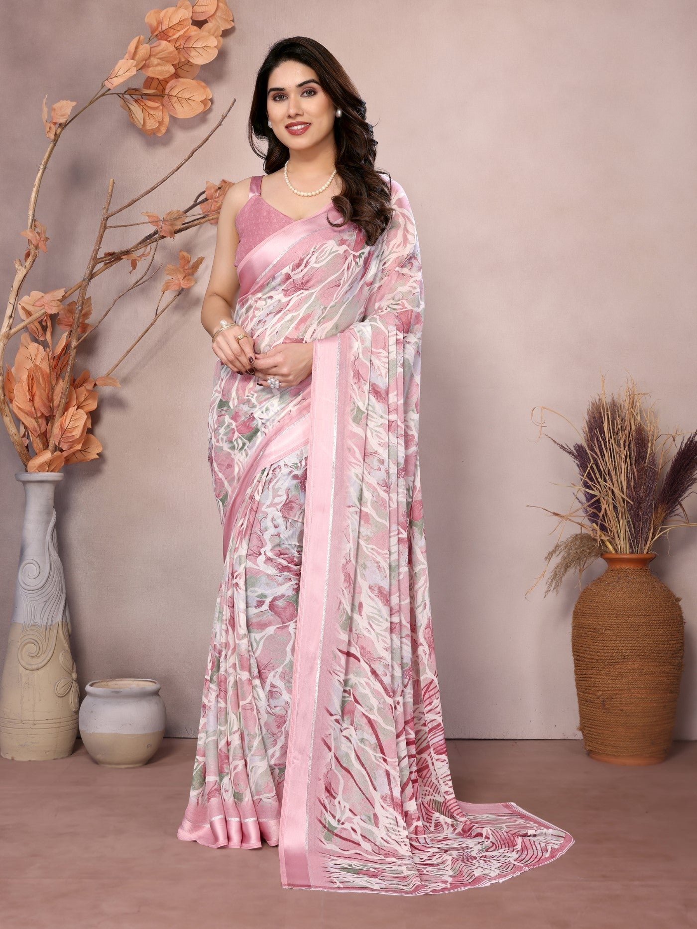 Peach Bright Moss Satin Patta Saree With Printed